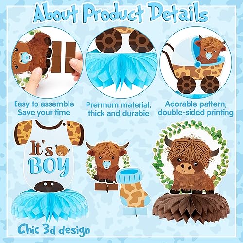 Miniatura 4 de 12 centros de mesa de nido de abeja de vaca de las tierras altas azules, decoración de mesa de ganado de las tierras altas, decoración de mesa con