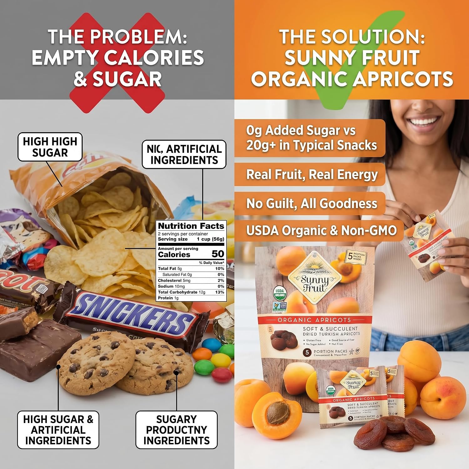 Sunny Fruit Apricot Dried Packs – 8.8 OZ Bags (Pack of 4) – Organic Apricots – Dried Fruit Organic with Refrigerator Magnet – 5 Items