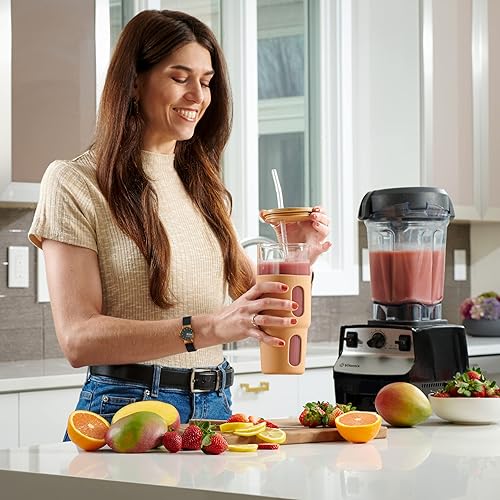 Miniatura 5 de Vaso de vidrio para beber de 32 onzas con tapa de bambú y popote – Funda de silicona – Se adapta a portavasos de automóvil – Vaso de batido Boba