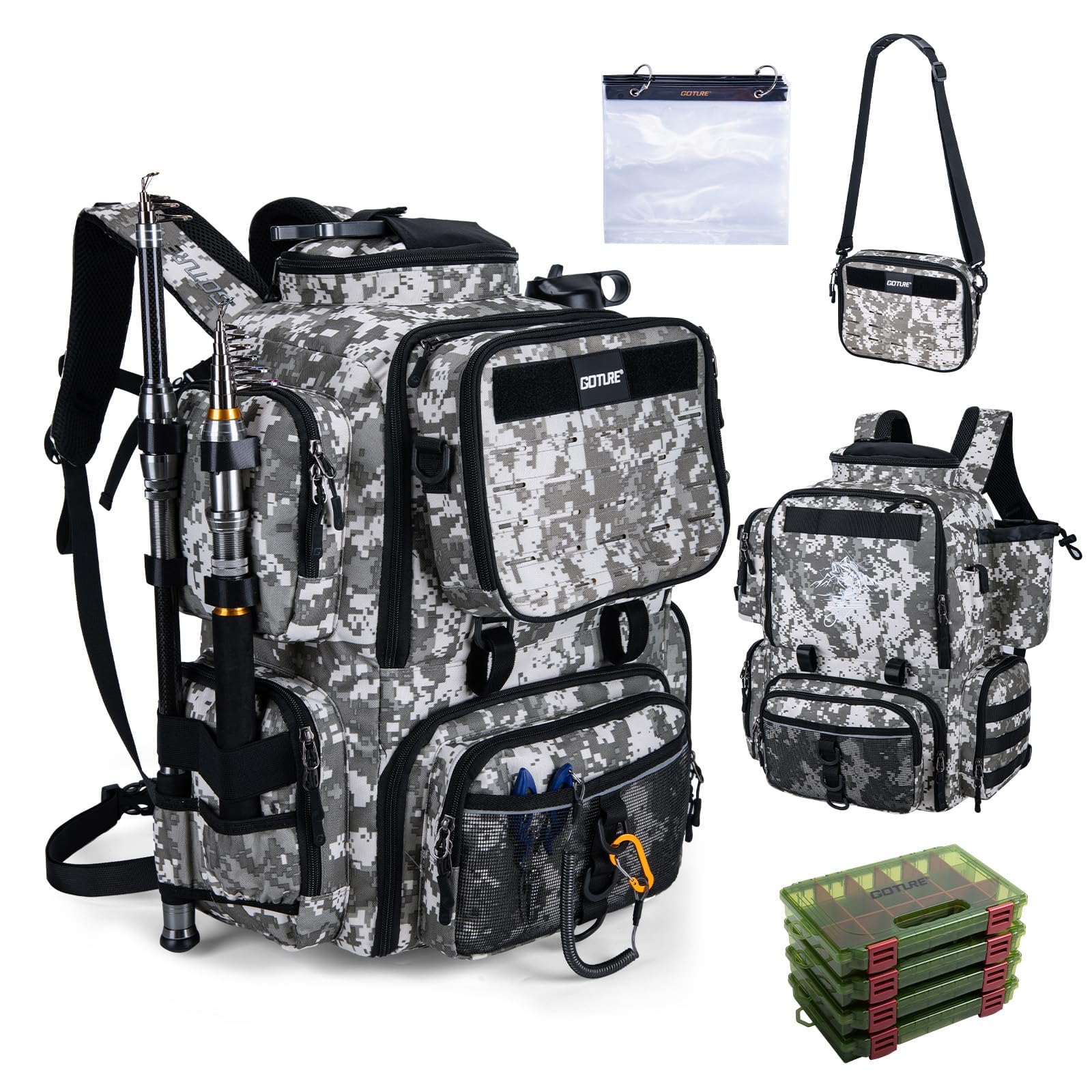 Goture Angelrucksack mit 4 Köderbox Angeln, 45-Liter Angelzu