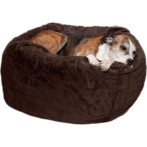 Furhaven Soft & Cozy Dog Bed for Large/Medium Dogs, Refillable w/ Removable Washable Cover & Liner, For Dogs Up to 55 lbs - Plush Faux Fur Bean Bag Style Ball Bed - Espresso, Large