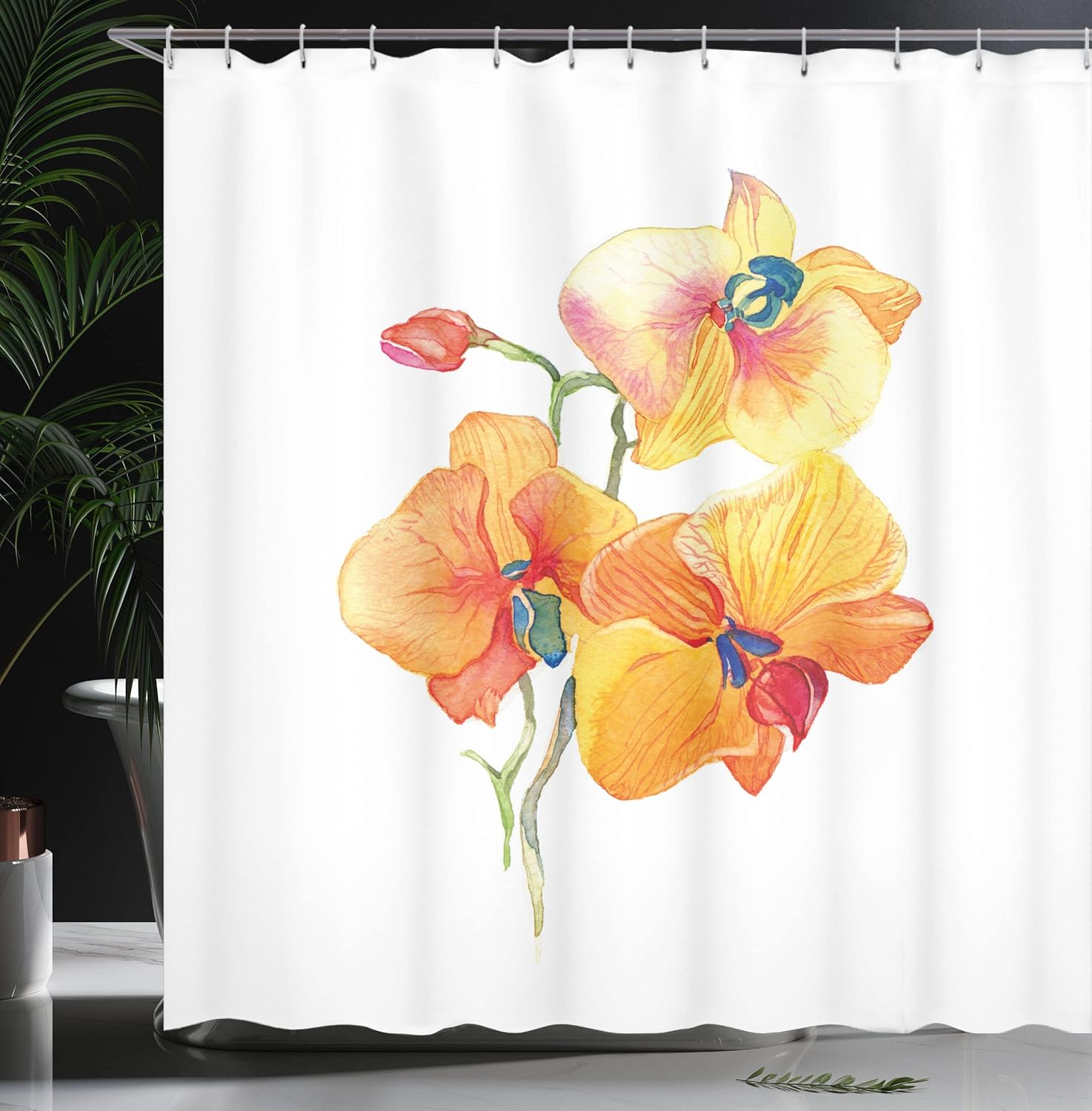 Ambesonne Floral Shower Curtain, Orchid Petals Wild Flower Exotic Fragrance Pure Florets Watercolor Tribal, Cloth Fabric Bathroom Decor Set with Hooks, 69" W x 70" L, Red Yellow Marigold