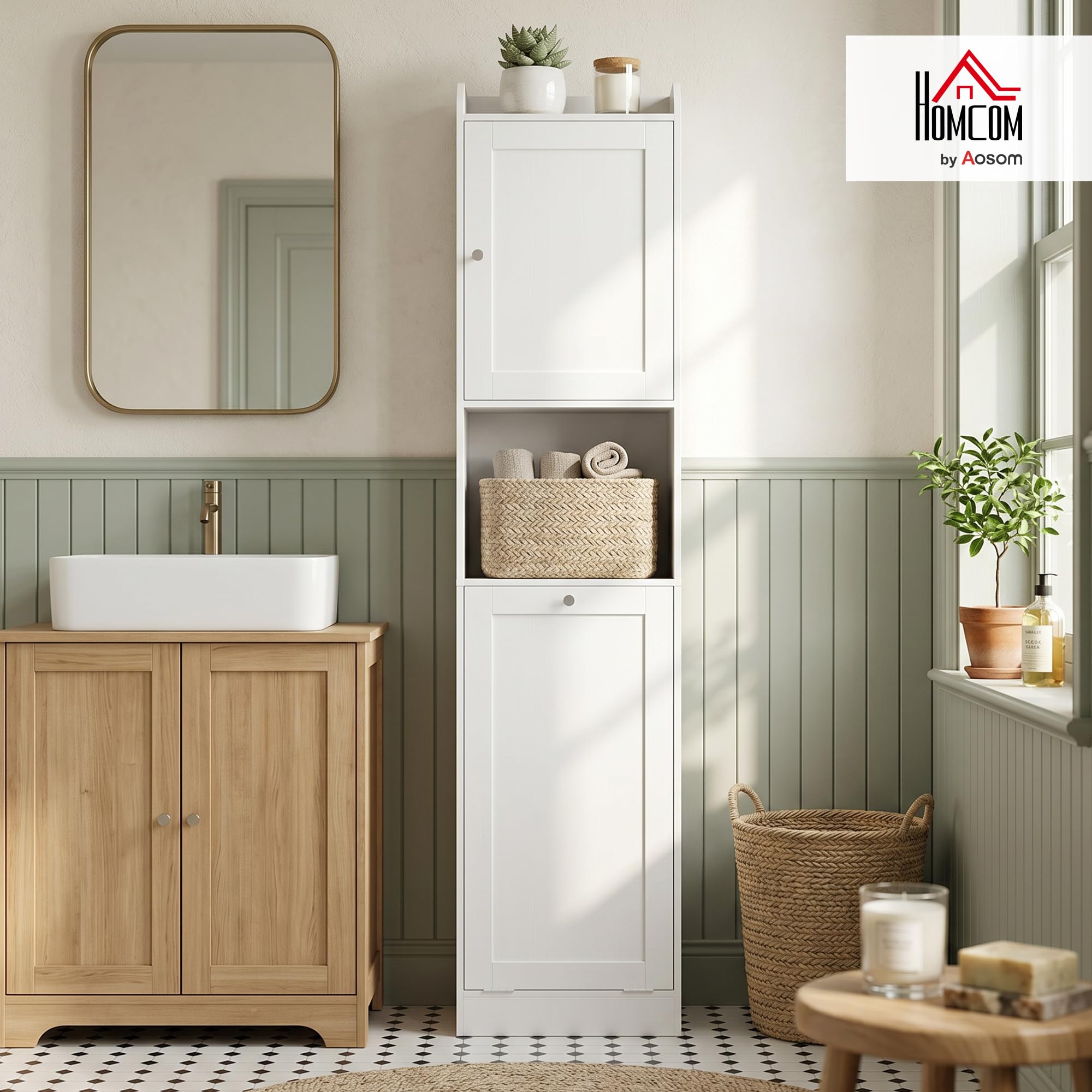 HOMCOM Armario Alto de Baño con Cesto Ropa Sucia, 40x30x170 cm, Blanco | Mueble de Baño Estrecho, Compartimentos Abiertos, Estantes Ajustables, para Espacios Pequeños