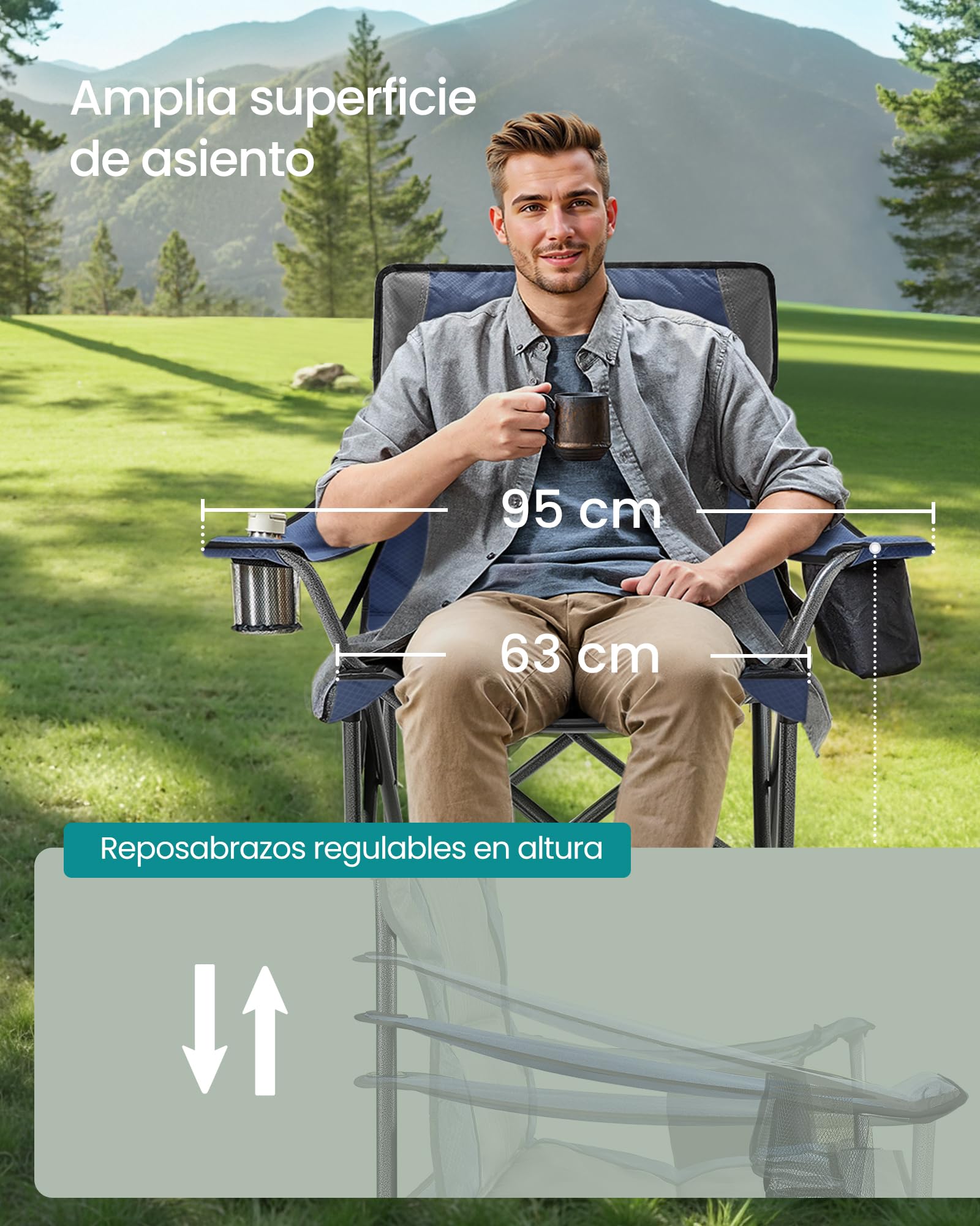 SONGMICS Silla de Camping Extragrande y Acolchada, Cómoda Plegable para Exteriores, Soporte Lumbar, Bolsa Térmica, Carga 205 kg, Azul Marino GCB066Q01