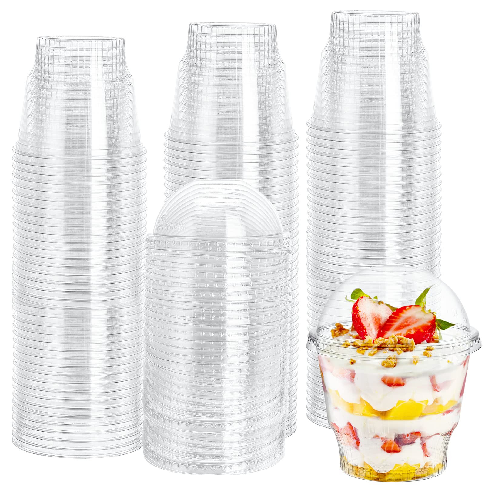 Lyellfe 100 Pack Dessert Cups with Dome Lids, 12 Oz Clear Plastic Cups, BPA Free Disposable Parfait Ice Cream Snack Cups for Pudding, Fruit, Cupcake, Iced Cold Drinks