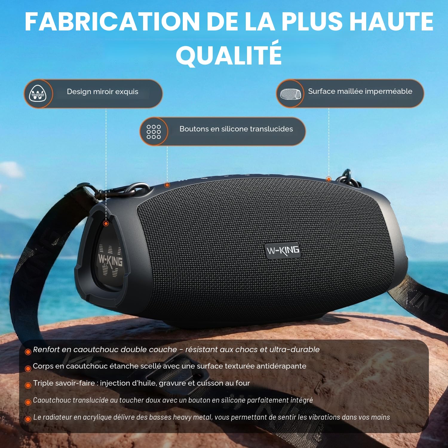 W-KING (120W Max)70W Enceinte Bluetooth Puissante, IPX6 Haut-Parleur Chantier Extérieur étanche Bluetooth Speaker,Triple Radiateurs Passifs- Basses Profondes, Power Bank/DSP/EQ/TF/AUX/42H/Ouvreur(X10)