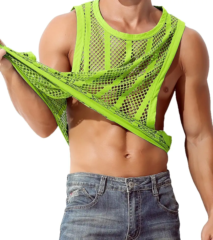 JINSHI Men's Mesh Shirts Fishnet Athletic Tank Tops Sexy Sleeveless Vest Male Loose Muscle Workout Swimwear