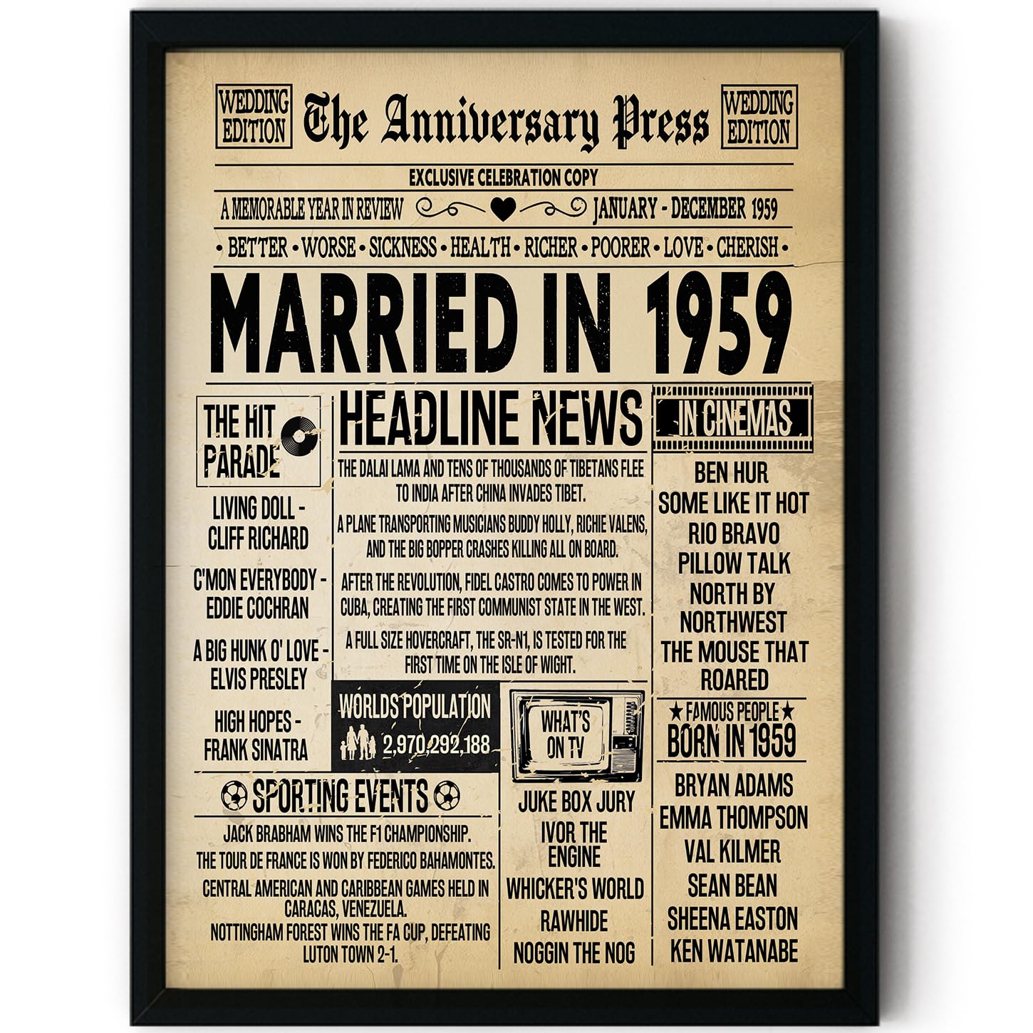 Stuff4 Men's 1959 67Th Anniversary Poster Framed - Married In Newspaper - 67 Wedding Anniversary For Wo Retro Vintage Gifts Back In 8X10 Inch Anniversaries Posters