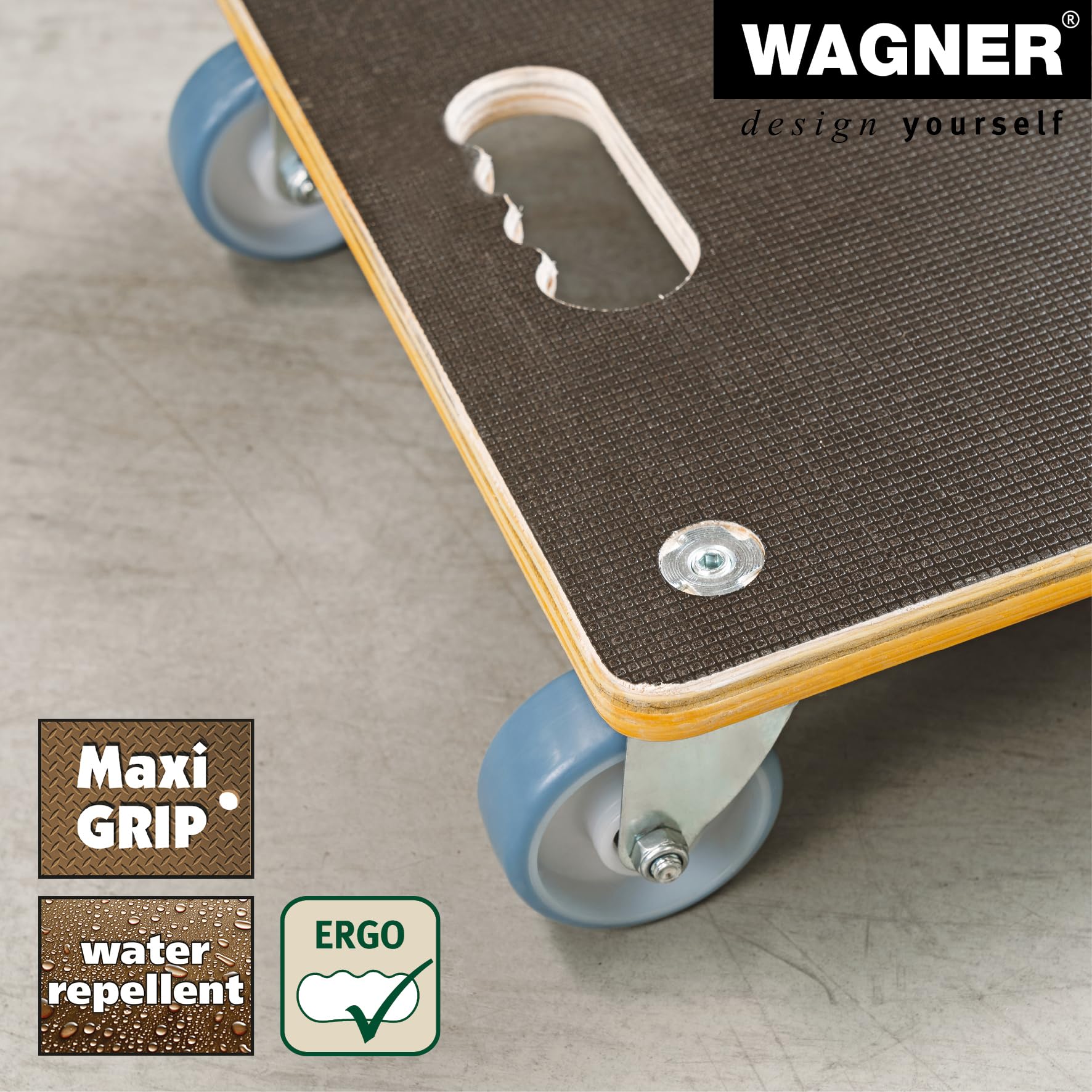 WAGNER Transportroller Transporthilfe 1340 I Schichtholz mit Grip I 38 x 38 x 11 cm, Tragkraft 300 kg I Möbelroller für Umzug I Rollbrett Softrollen I Schwerlastrollbrett Tragegriff I FSC®I Made in DE