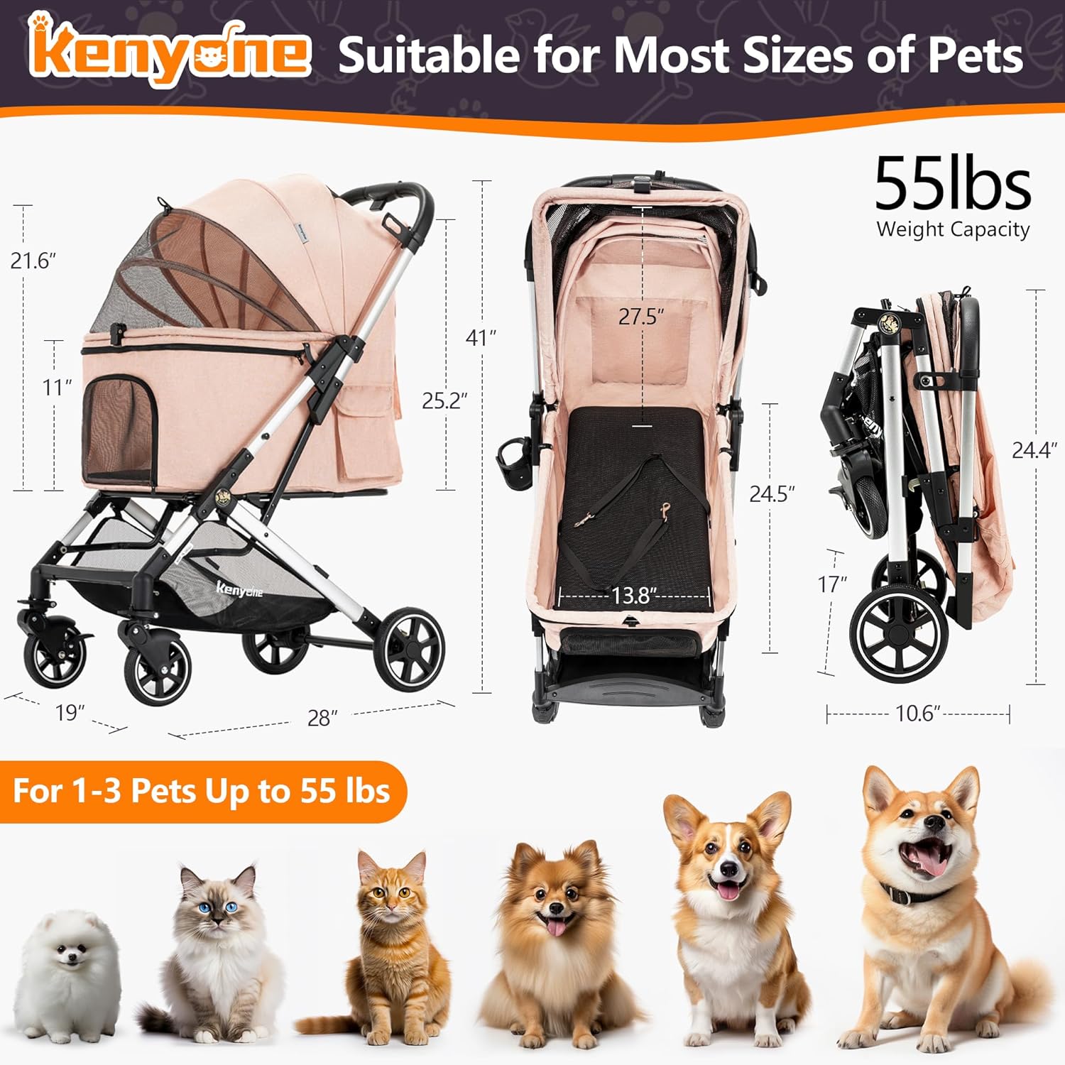 Medium Dog Stroller, Kenyone Pet Stroller for Medium Dogs Up to 55lbs, Lightweight Aluminum Frame, One Click Folding, Large Cat Stroller with No Zip Entry, Detachable Mesh, Multiple Pockets Pink image 4 of 6 B0C5JBG5R5