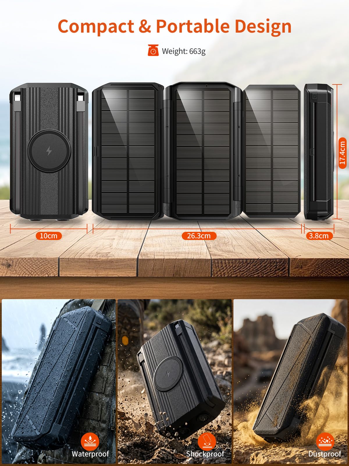 63200mAh Solar Power Bank: 30W PD 3.0 A USB C Powerbank Ricarica Rapida con 2 Cavi, 5 Uscita & 2 Ingresso, 15W Ricarica Wireless, Spie luminose a LED, Torcia, Caricatore Portatile con Smartphones | PD 30W USB C Power Bank con 4 Cavo integrato, 3 Porta, To