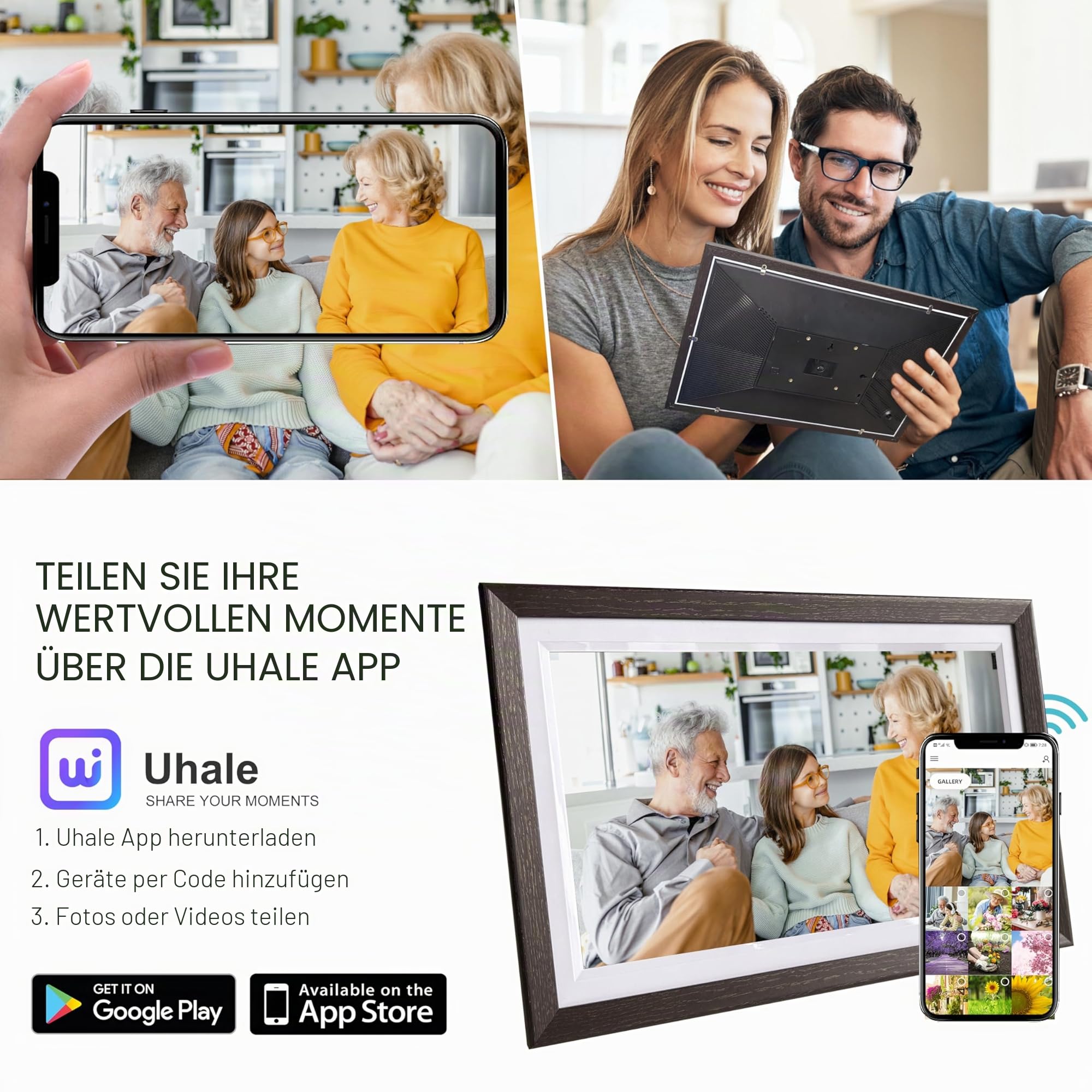 BYYBUO 15,6 Zoll WLAN Digitaler Bilderrahmen, 1366 x 768 IPS Touchscreen Digitaler Bilderrahmen, 32G-Walnuss, Teilen Sie Fotos oder Videos über die Frameo APP