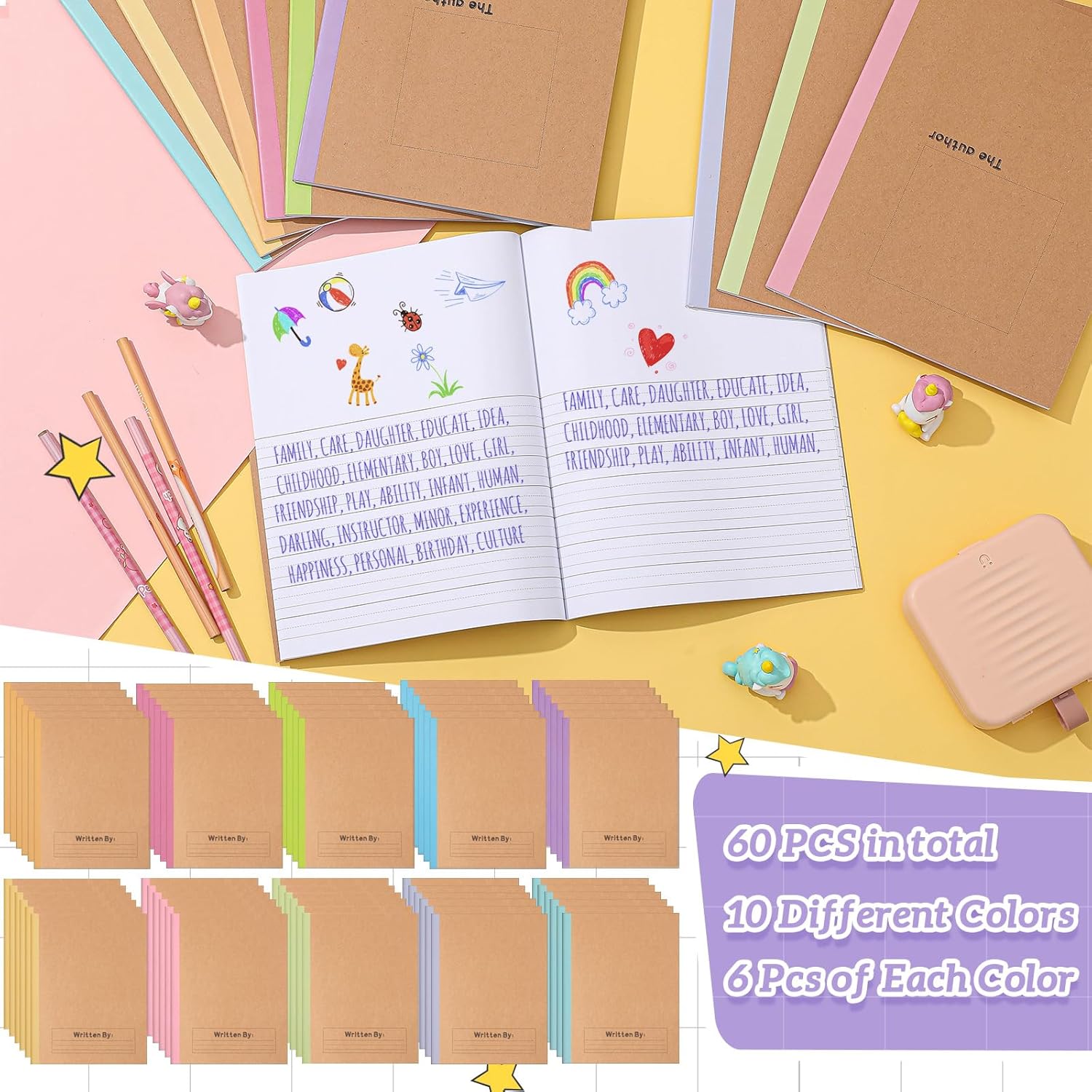 Henoyso 60 Pack Primary Composition Notebook, 9-3/4" x 7-1/2", Kids Primary Journal, K-2 Writing Notebook for Kids Student Draw Write Story Journal Half Blank Books(Macaron Color)