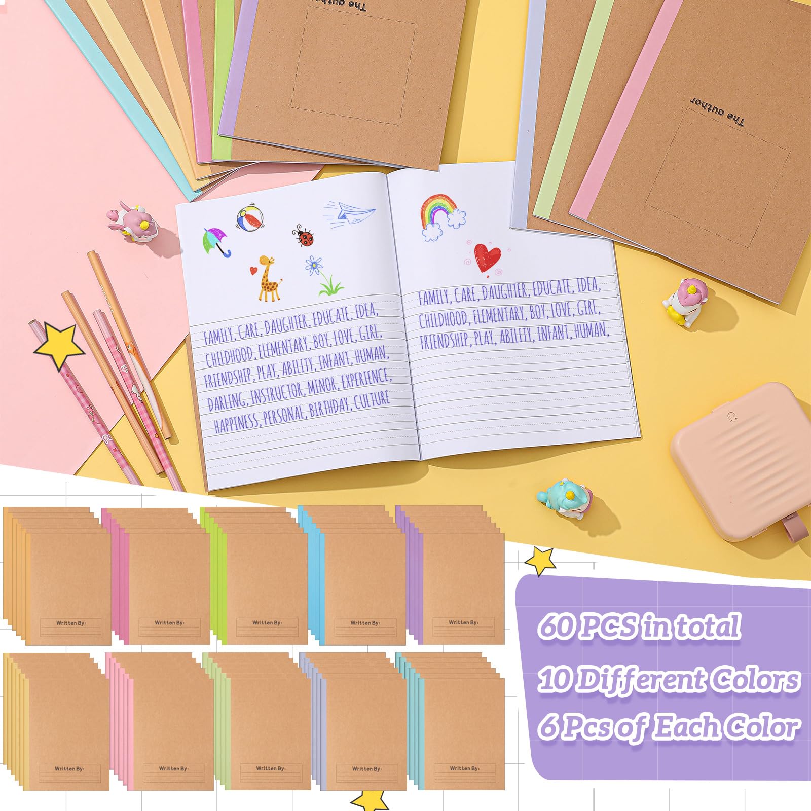Henoyso Lot de 60 carnets de composition primaire de 24 x 19 cm pour enfants, fournitures scolaires, carnet d'écriture primaire K-2 pour enfants, étudiants, dessiner et écrire des histoires (couleur
