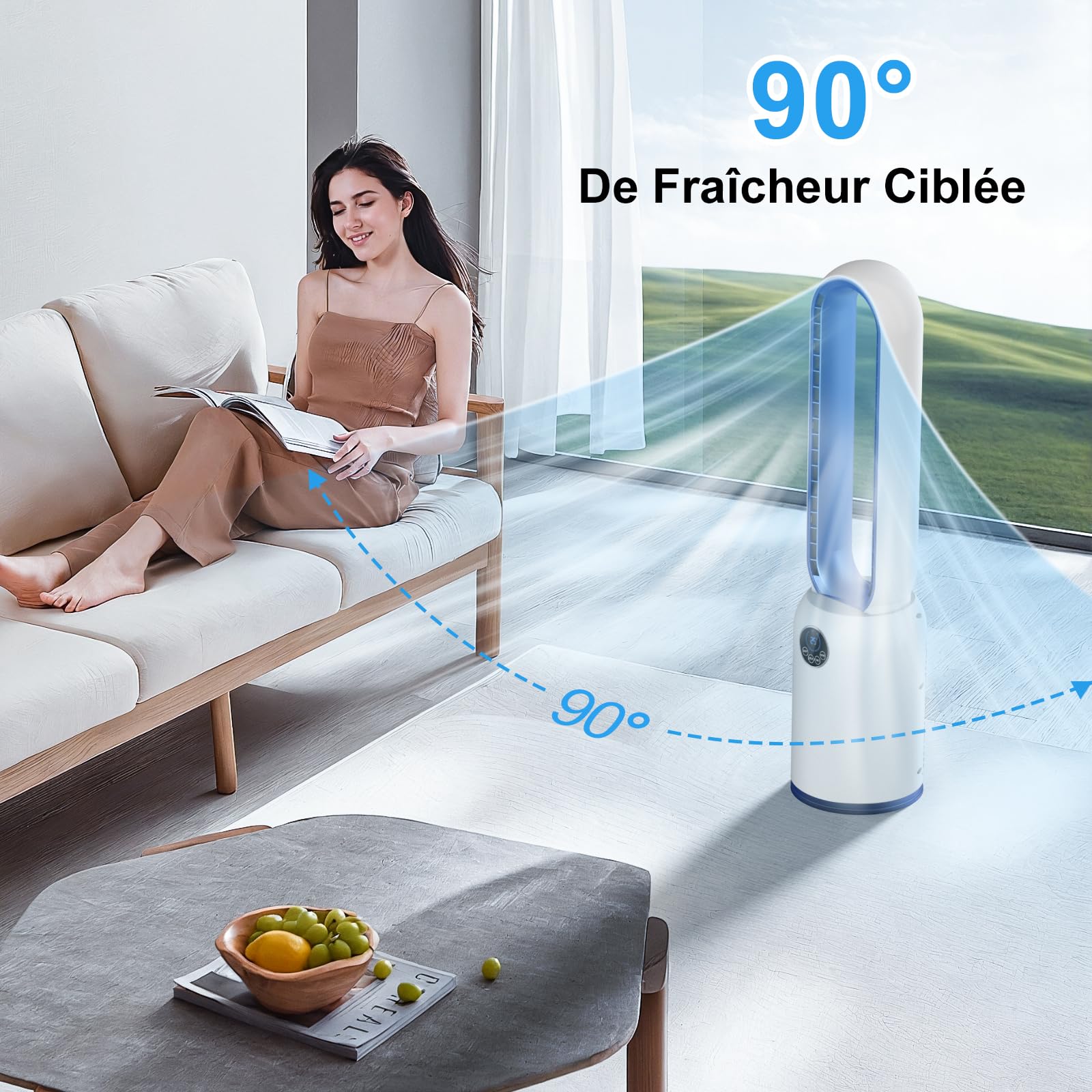 Ventilateur Colonne Silencieux, 90° Oscillation&24 Vitesses pour Ventilateur Sans Pale, Ventilateur Tour avec 12H Minuteries, Ventilateur Sans Lame avec Télécommande et Ecran Tactile (Bleu)