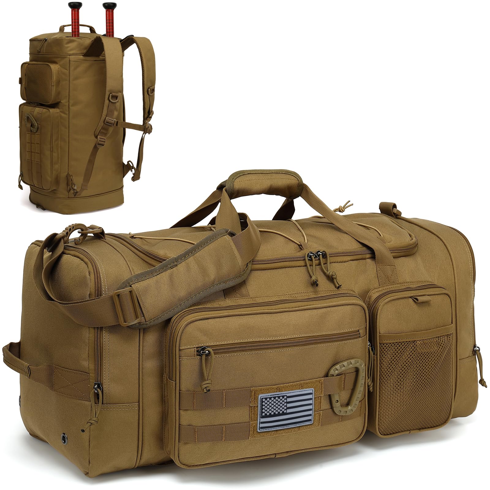 TUGUAN Large Baseball Softball Duffle Bag, 3 in 1 Baseball Equipment Duffel Backpack for Adult Youth, 65L Bat Bag with Shoes Compartment - 2 Bat Sleeves Fence Hook Hidden Dual Straps