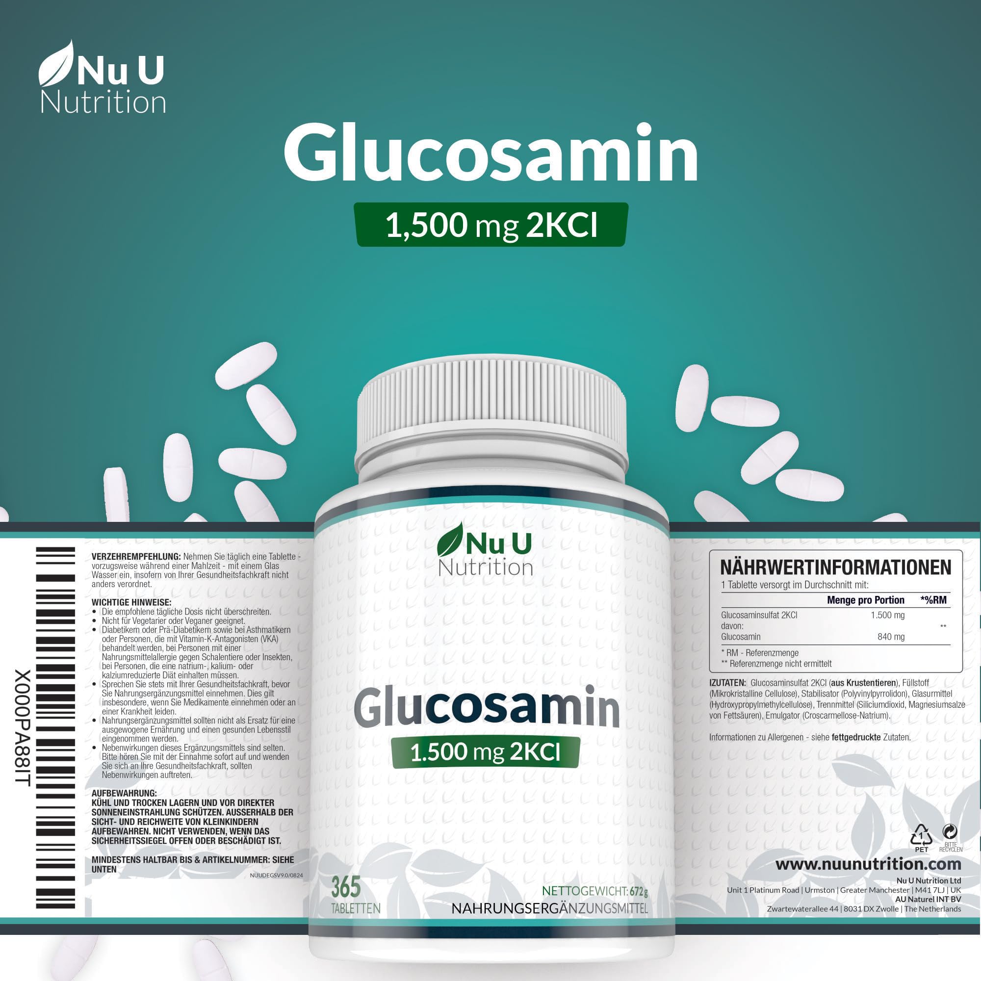 Glucosamin 1500mg 2KCI Hochdosiert - 365 Tabletten - 12 Monate Vorrat - Versorgung für ein Jahr - Nu U Nutrition