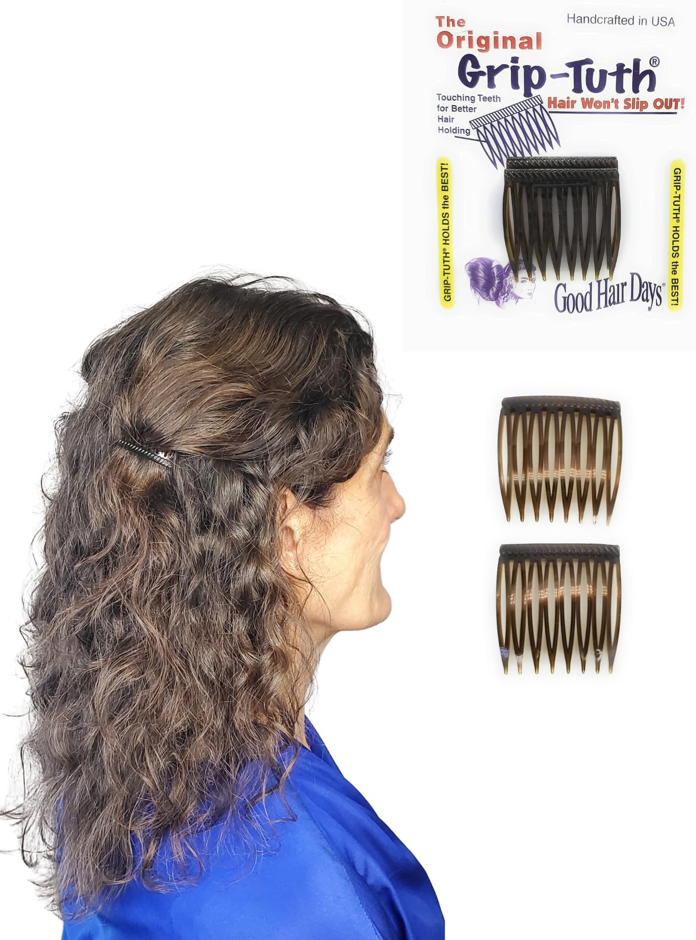 Grip-Tuth Hair Combs 40073 Set of 2, Shell 1 1/2" Wide Combs