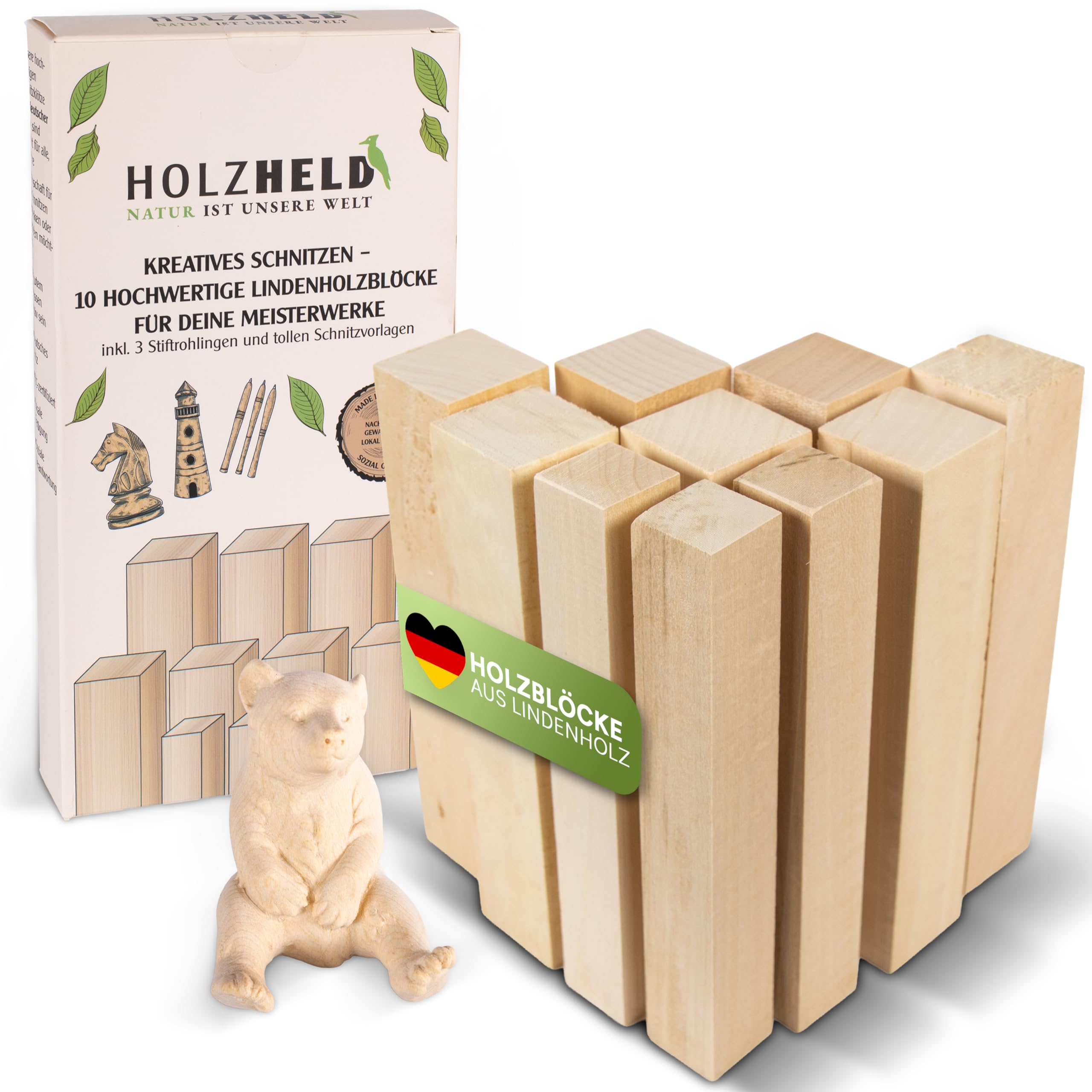 HOLZHELD Basswood for Carving - 10 Piece Set of Basswood - Includes 7 Blank Carving Figures - Carving Blanks Carving Wood for Beginners Includes 3 x Pen Blank