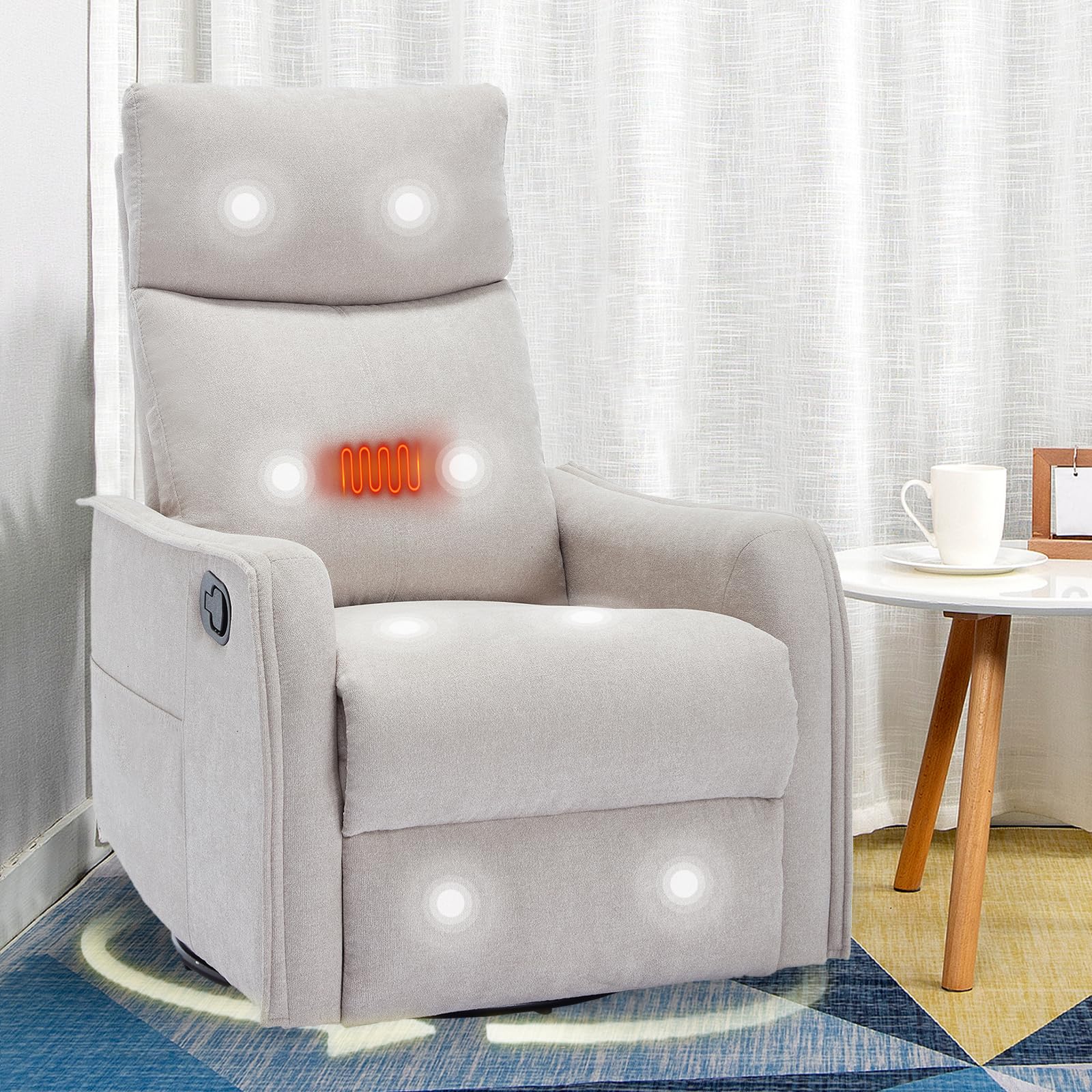 cinkehome Swivel Rocker Recliner Chair with Heated Massage, Rocking Reclining Chairs for Nursery, Small Spaces, High Back, Side Pocket