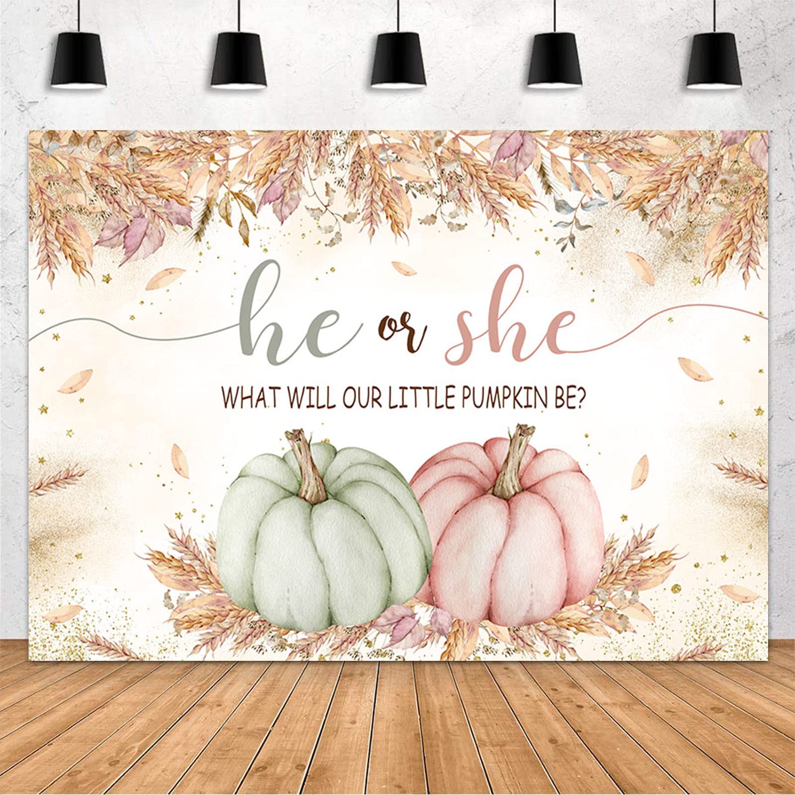 MEHOFOND 7x5ft Pumpkin Gender Reveal Backdrop Fall Pumpkin Baby Shower Party Supplies Fall Ear of Wheat Grain Flowers Decorations Photo Background Thanksgiving Baby Shower Banner Photo Booth Props