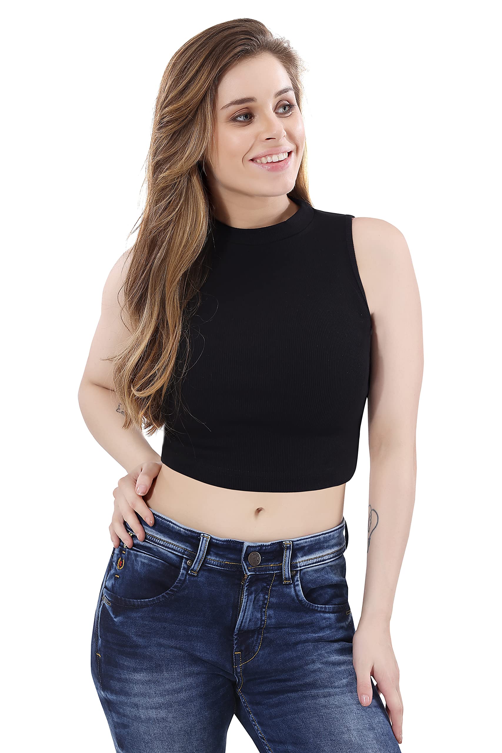 TRASA Womens Sleeveless Rib Knitted 100 Percent Cotton Racer Back Tank Tops Halter Neck Crop Tops - Black - Medium - Slim Fit - Image 8 thumbnail
