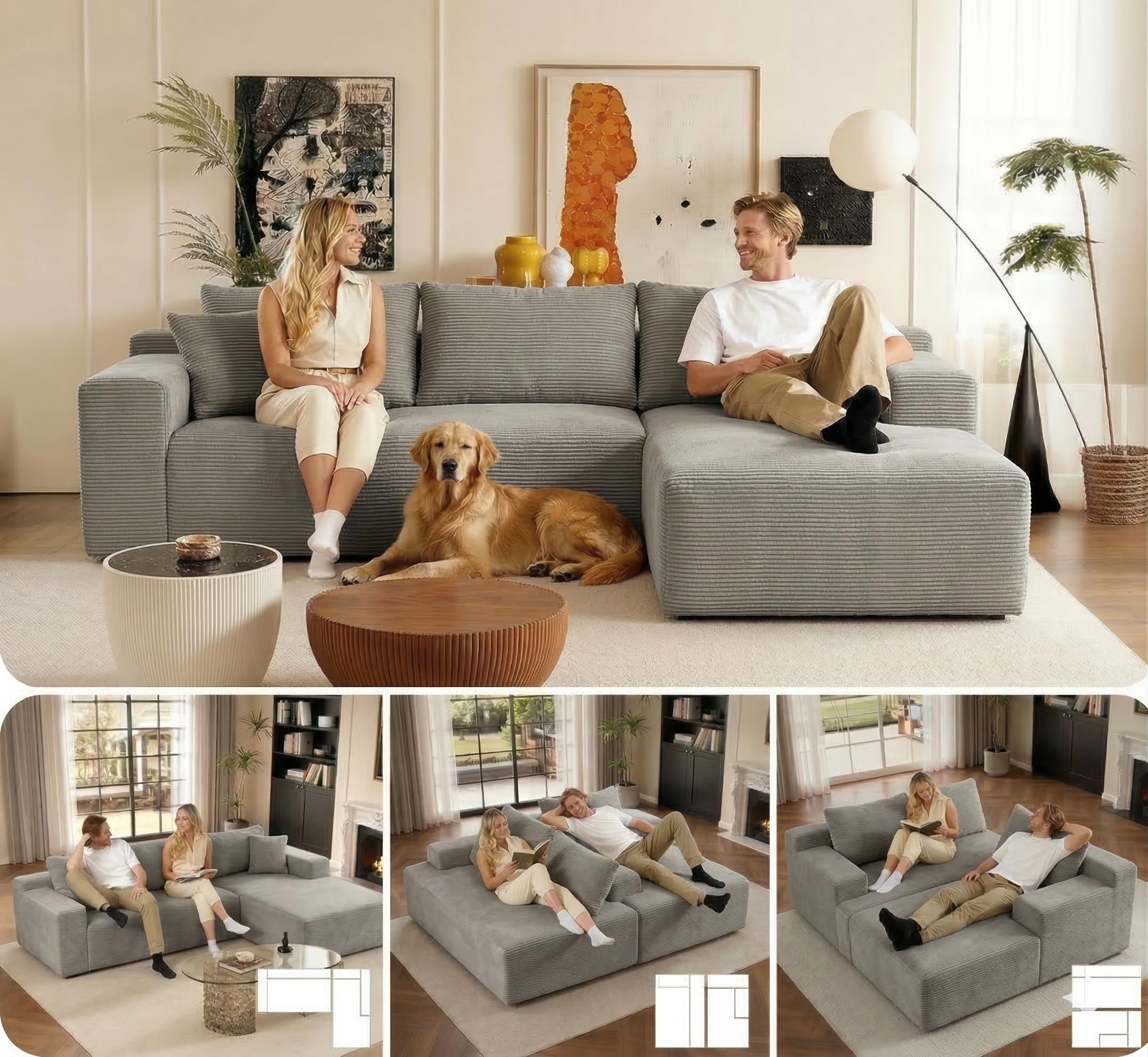 Divano Chic Modular Chaiselongue Moderno in Schiuma Compressa Spedizione Scatola Senza Montaggio (Velluto Grigio Chiaro, Chaiselongue Sinistra)