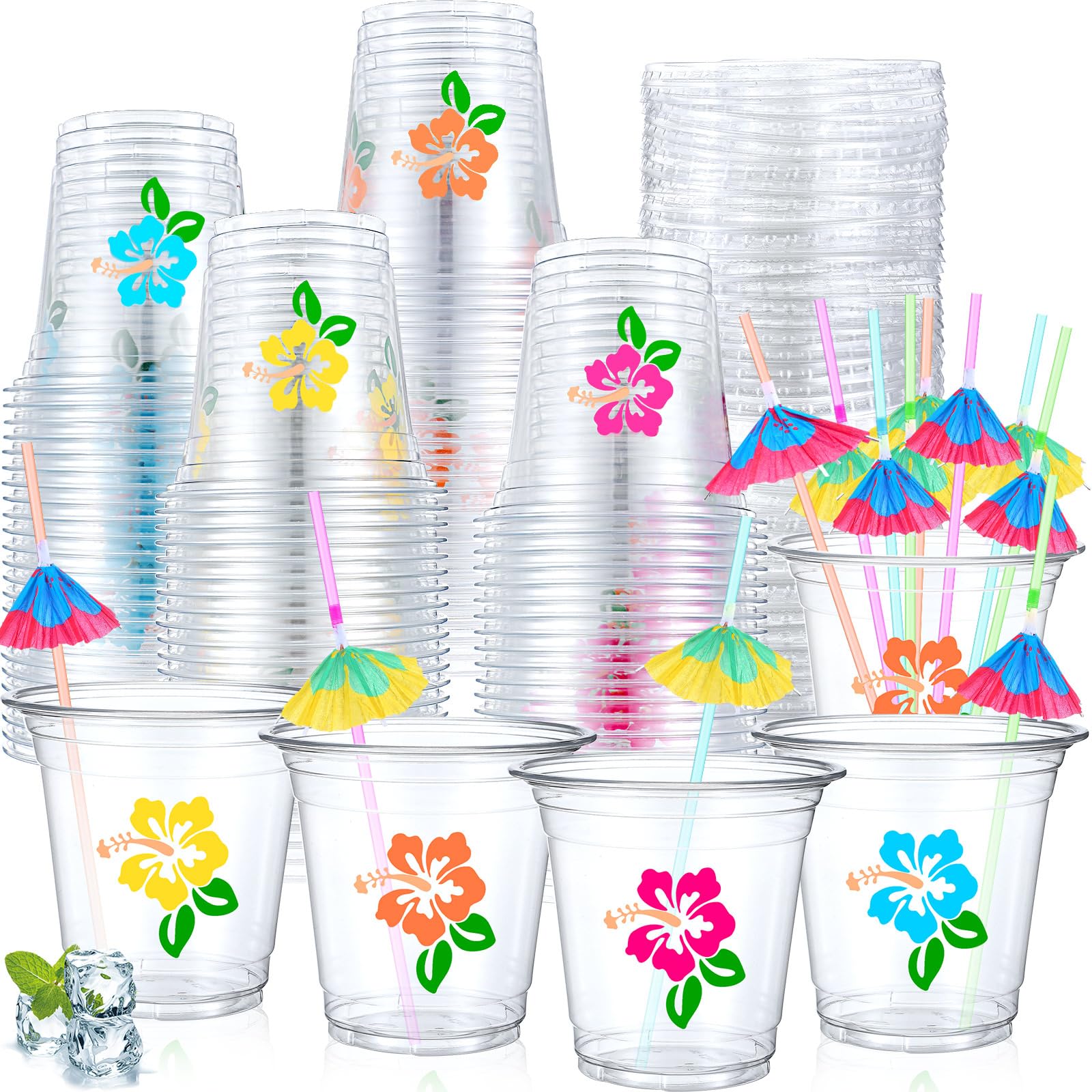 Sunnychicc 100 Pcs Hawaiian Plastic Cups Bulk Hibiscus Tropical Cups with Parasol Straws 12 oz Disposable Plastic Mug Hawaiian Luau Party Supplies