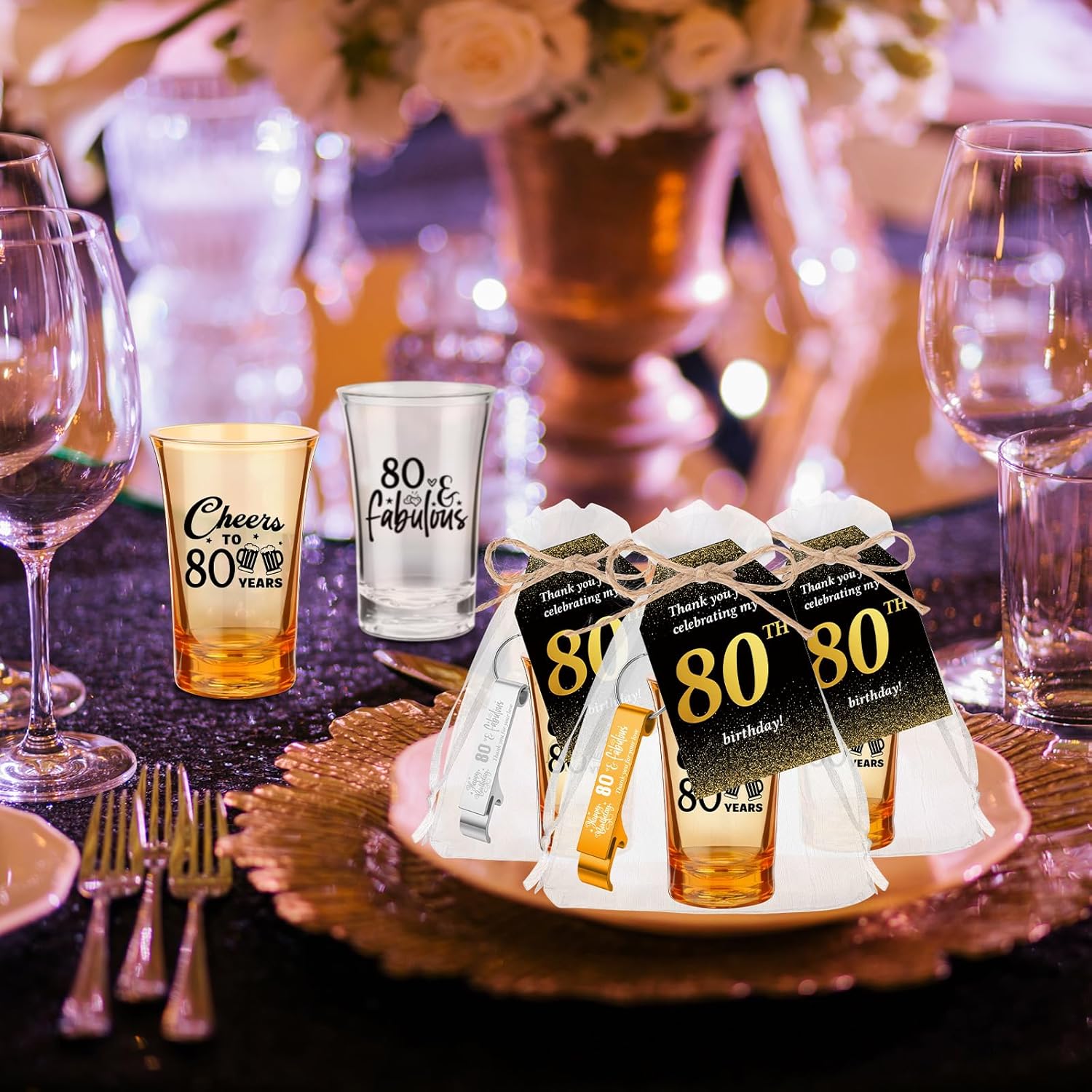 Domensi 30 Sets 80th Birthday Party Favors for Guests 2 Styles Acrylic Short Glasses 3 Colors Bottle Opener Souvenir Thank You Tags with Organza Bags Twine for Birthday Anniversary Wedding Shower - Image 5