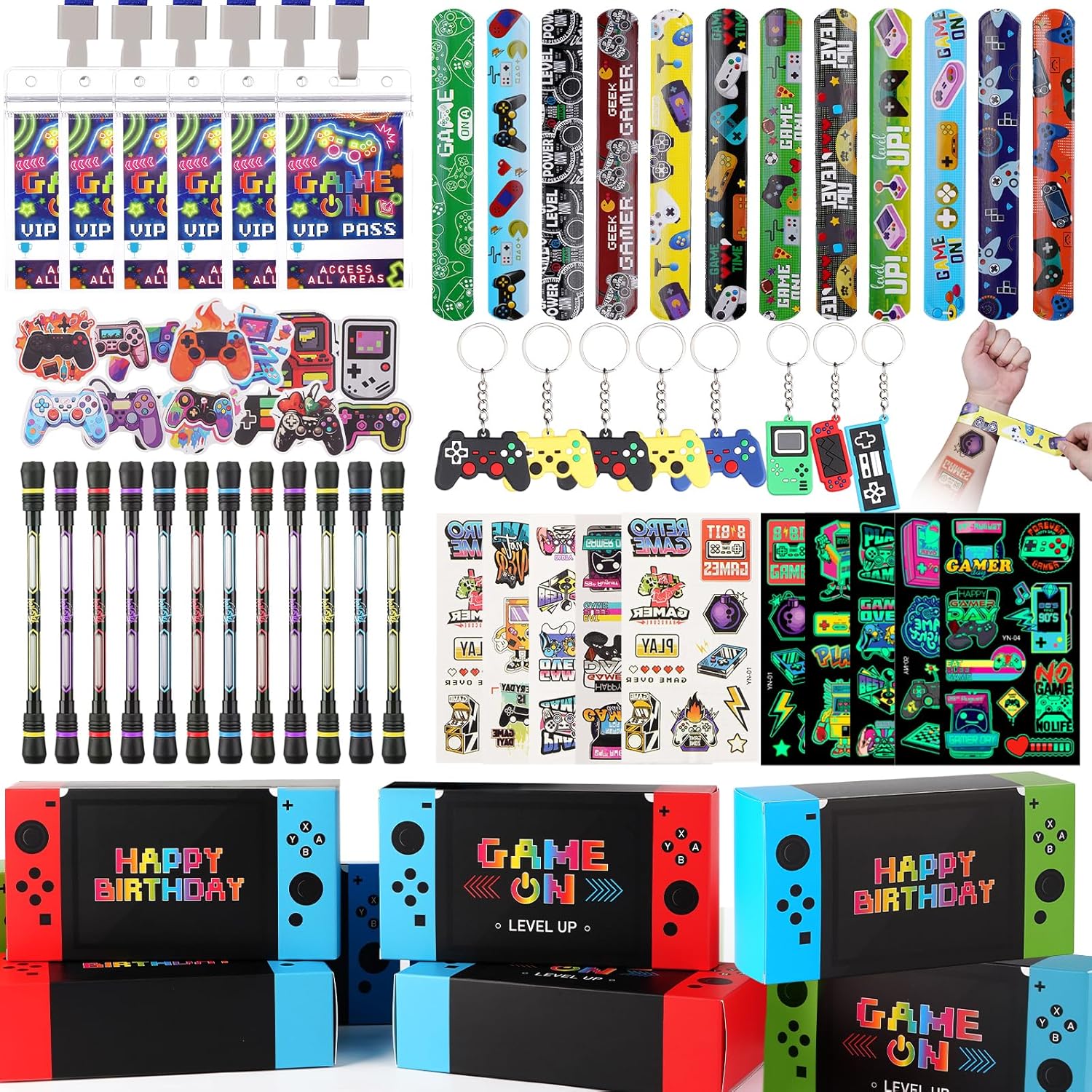 Vanblue 122pcs Video Game Party Favors Gamer Birthday Supplies,Game Theme Gifts Boxes Party Birthday Decorations VIP Pass Tickets Keychain Temporary Tattoo Stickers Goody Bag Stuffer for Boys Kids