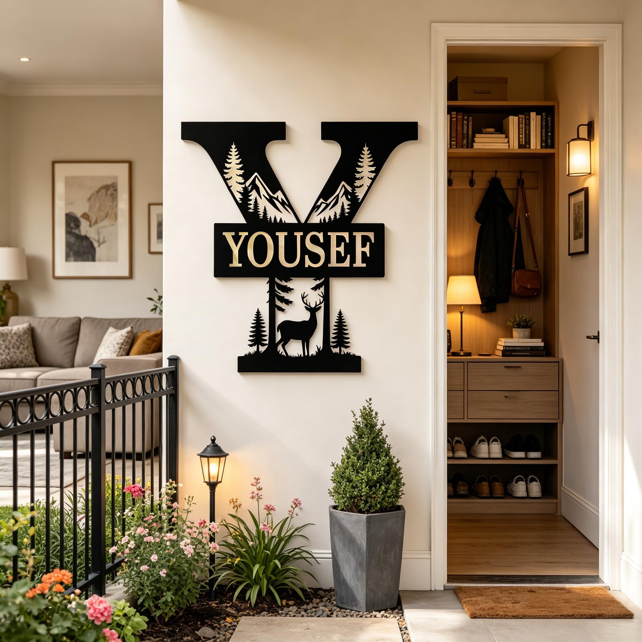 Amerliga Personalised Mountain & Deer Metal Sign, Custom Monogram Initial & Family Name Plaque for Cabin, Home Bar & Outdoor Decor