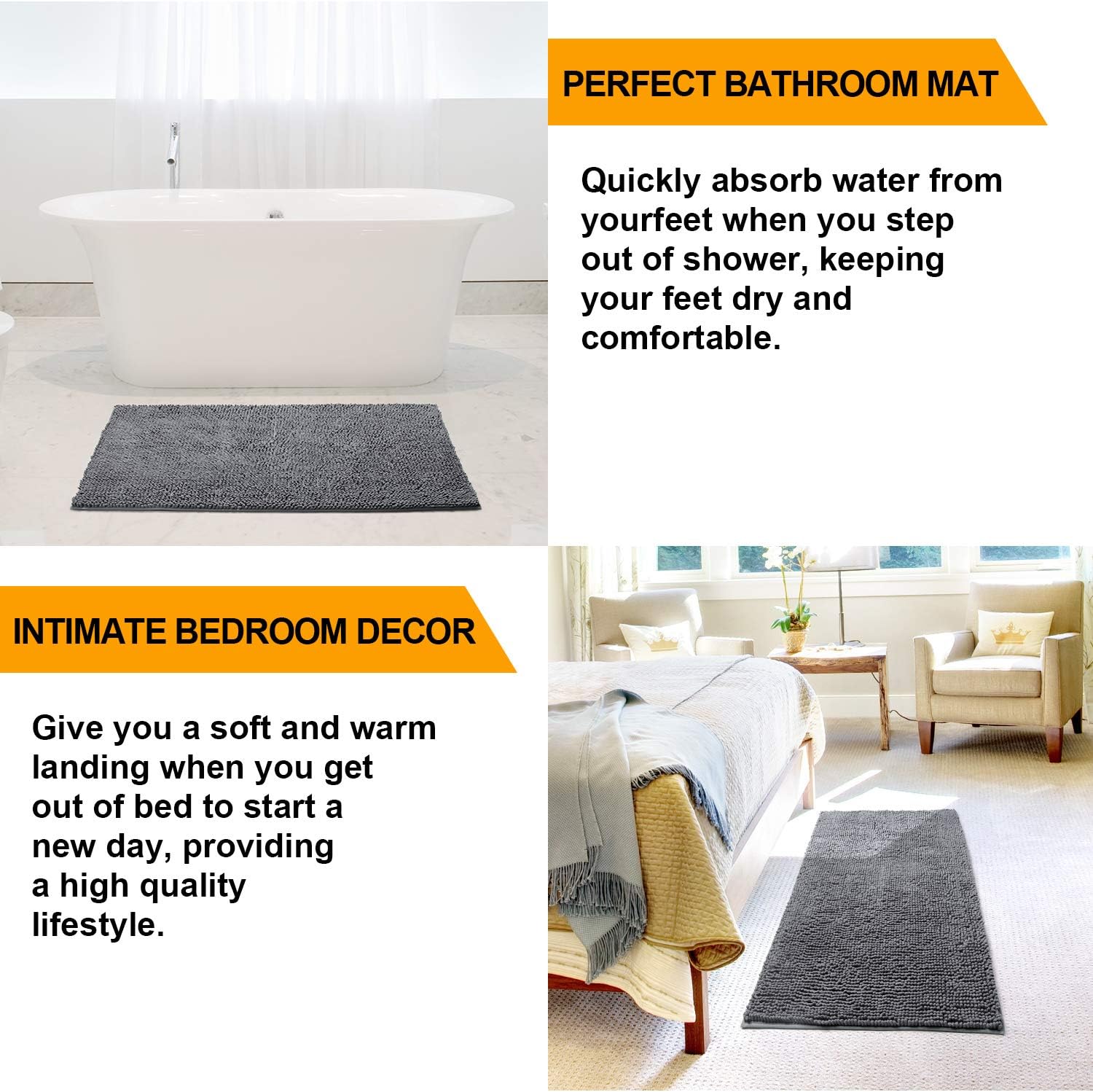 Vdomus Soft Microfiber Shag Bath Rug, Extra Absorbent Comfortable, Anti-Slip,Machine-Washable Large Bathroom Mat (Grey 47'' X 26'')
