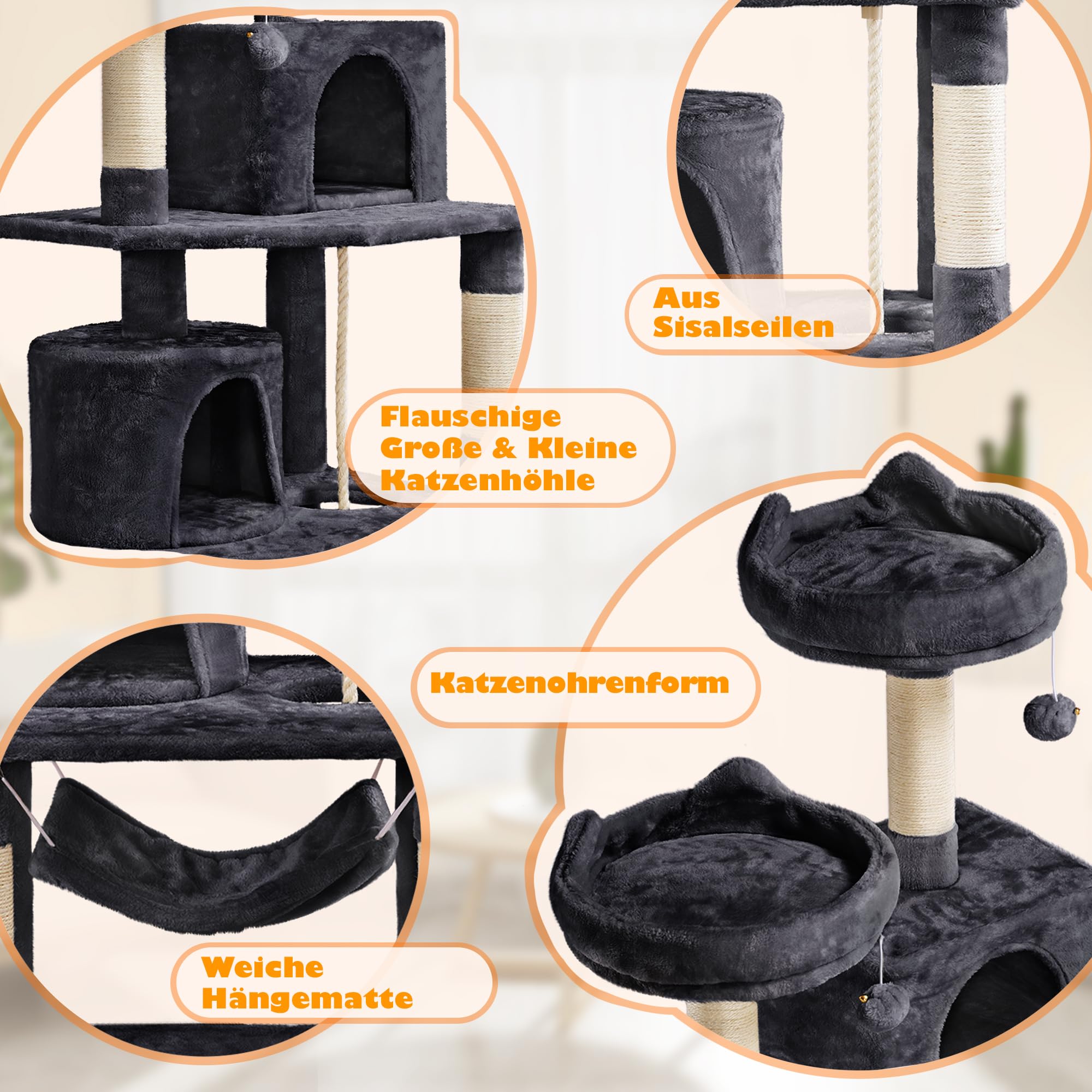 Yaheetech Drapak dla kota 158 cm, z 2 domkami dla kotów i 2 platformami, sizalowy mebel dla kotów, stabilny, czarny