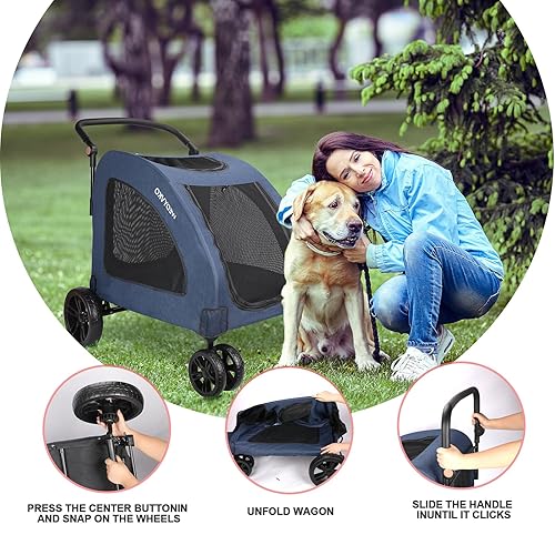 Miniatura 5 de Cochecito de viaje grande para perros con 4 ruedas resistentes, con mango ajustable, doble capacidad para perros con puerta delantera trasera para