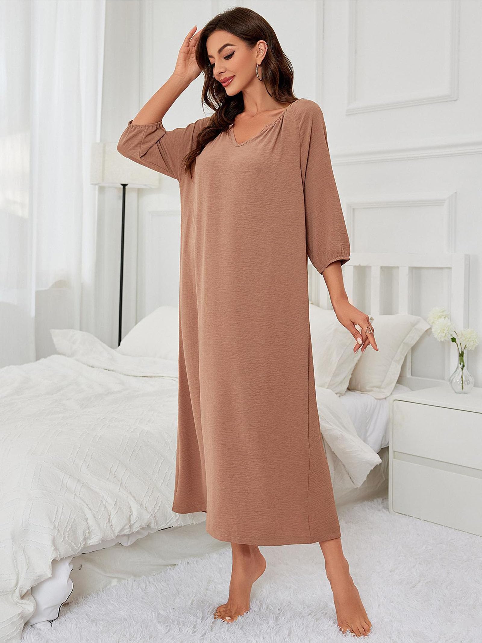 Chemise de Nuit pour Femmes Chemises de Nuit Col en V Chemise de Nuit à Manches Longues Pyjama Confortable Ample
