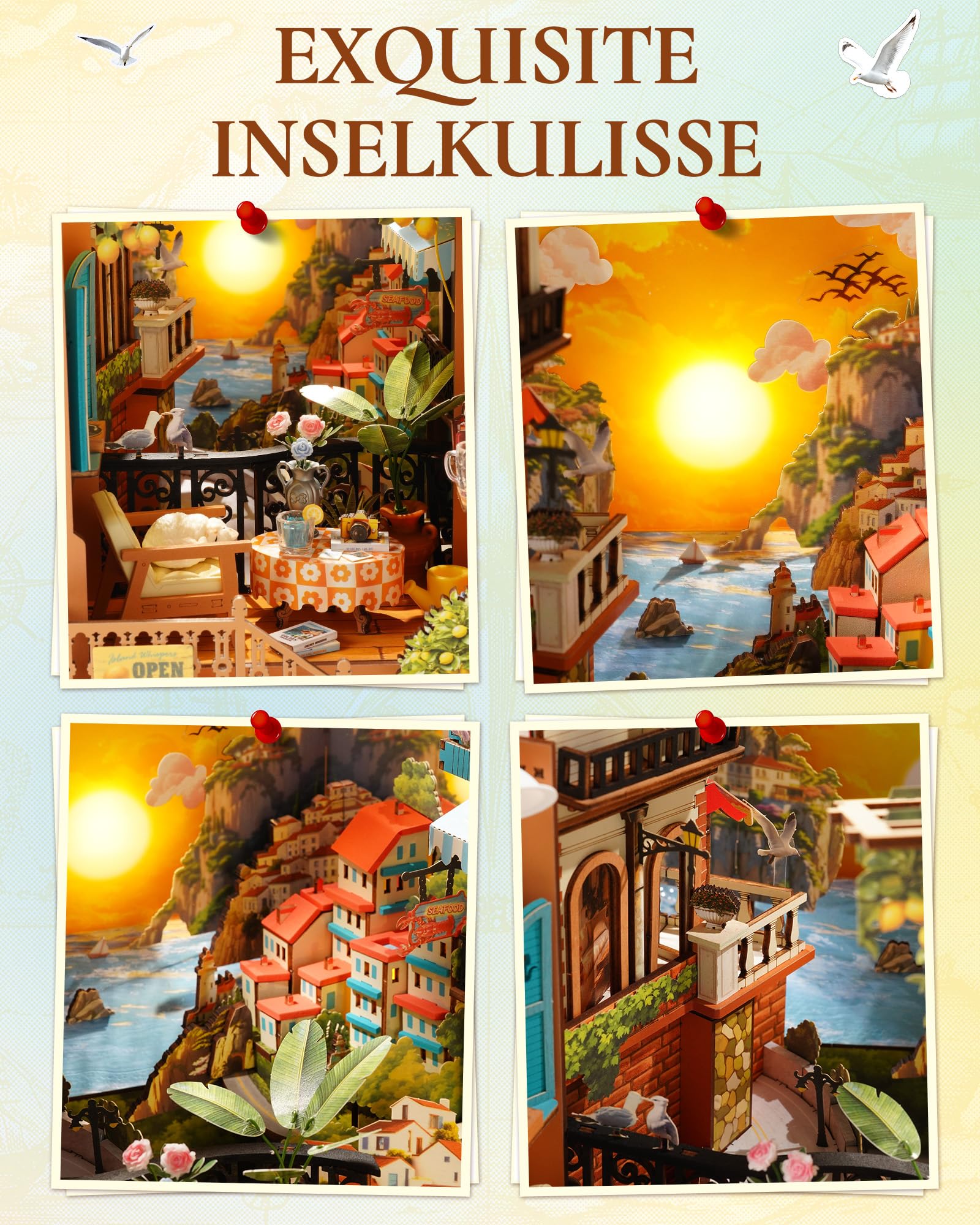 Rolife Book Nook Kit für Erwachsene Miniatur Haus Selber Bauen mit Licht Abendrot Insel Booknook Bausatz 3D-Holzpuzzle Bücherstütze für Regal Bibliothek Bücherregal Dekoration