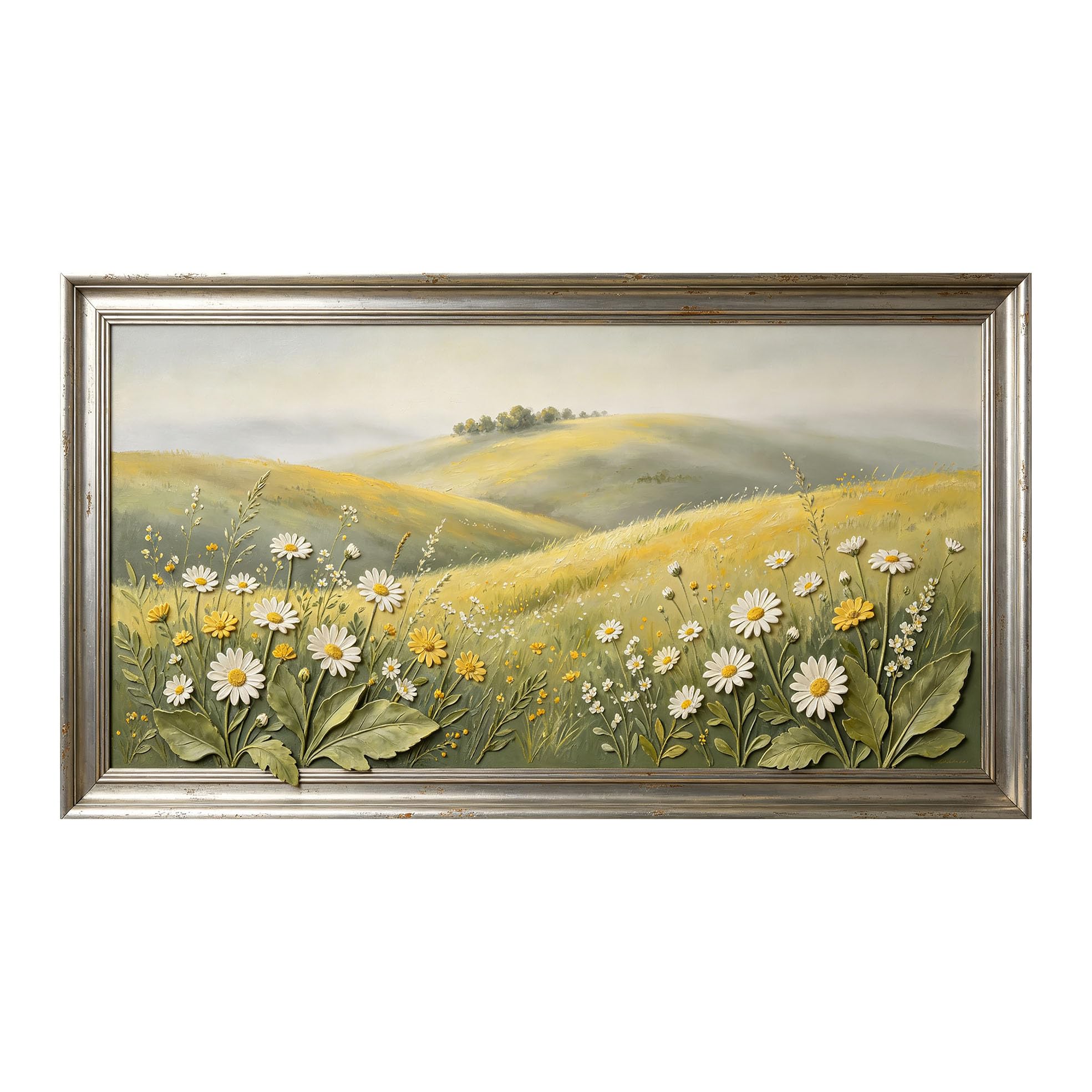 Yzpallescene 3D Framed Wall Art 50cm×100cm Pastoral Meadow Floral Impressionist Oil Painting Large Size SelfAdhesive Removable Wall Decor Prints Artwork for Living Room Bedroom Office