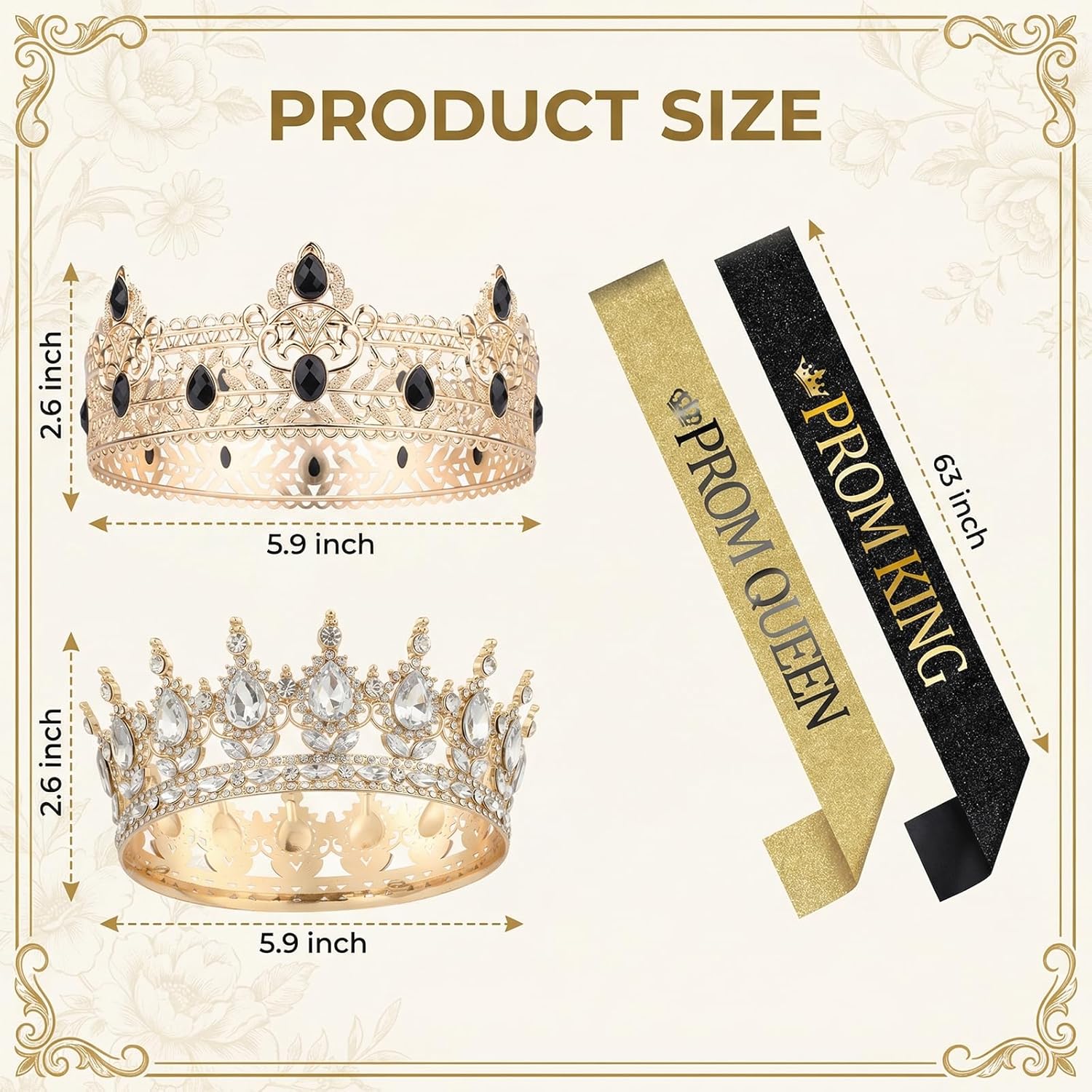 Prom King and Queen Crown Set - 4 Pcs Gold Crown Reinstone Tiara with Satin Sashes for Graduation Prom Accessories