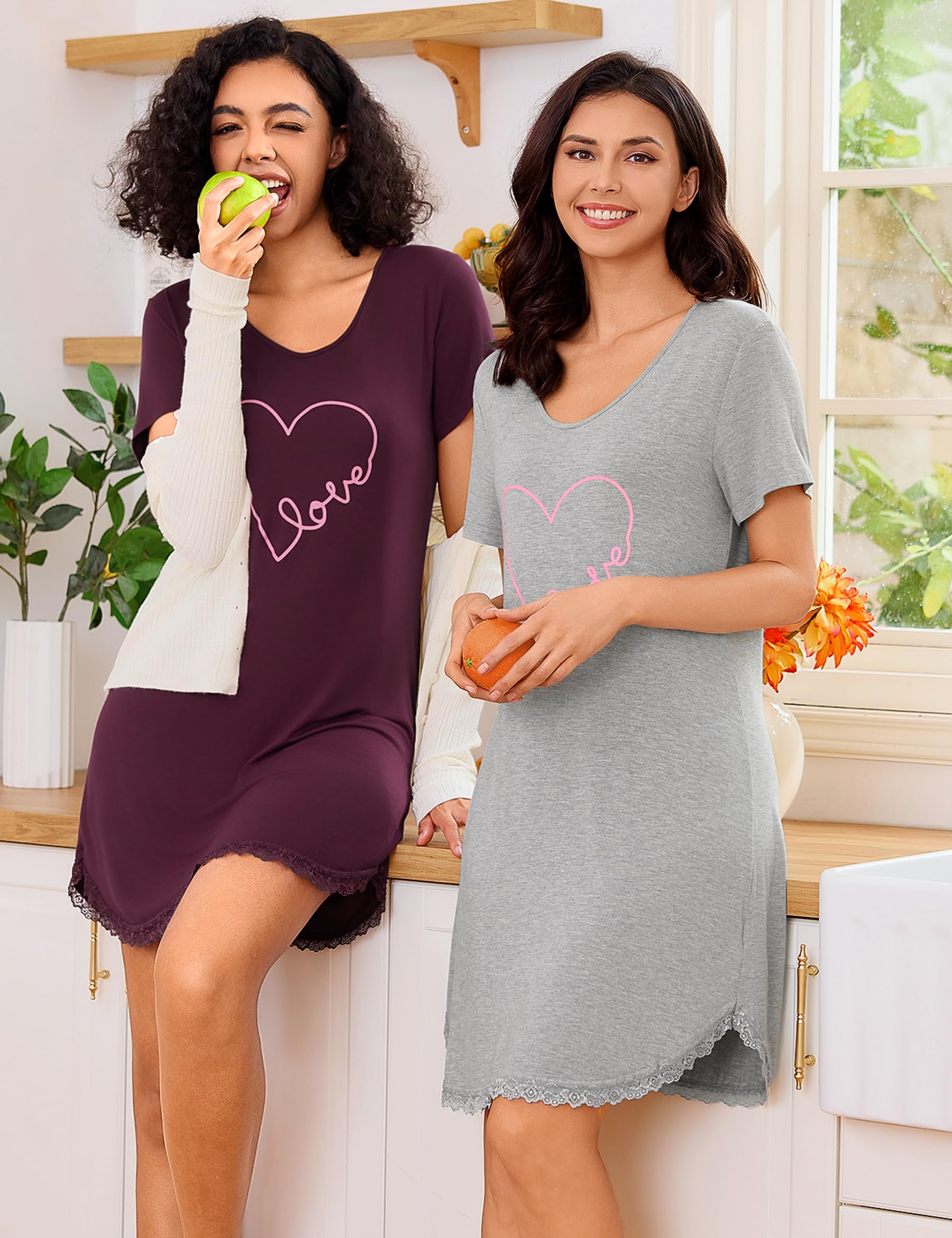 Demegimi Nachthemd Damen Kurz Baumwolle Schlafshirt Sommer Kurzarm Schlafshirt Kurz Sleepshirt Damen Nachthemd mit Herzdruck und Rundhalsausschnitt