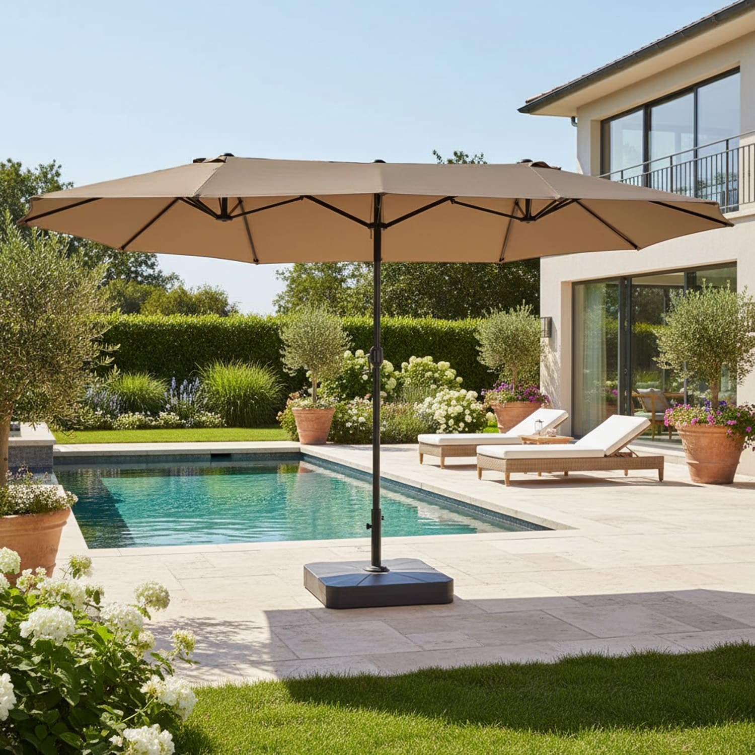 Ombrellone Doppio Da Giardino Parasole 4.6 x 2.4 M Per Esterno Piscina Terrazzo Con Palo In Acciaio E Tessuto In Poliestere Impermeabilie Anti UV Apertura A Manovella Colore Caffè