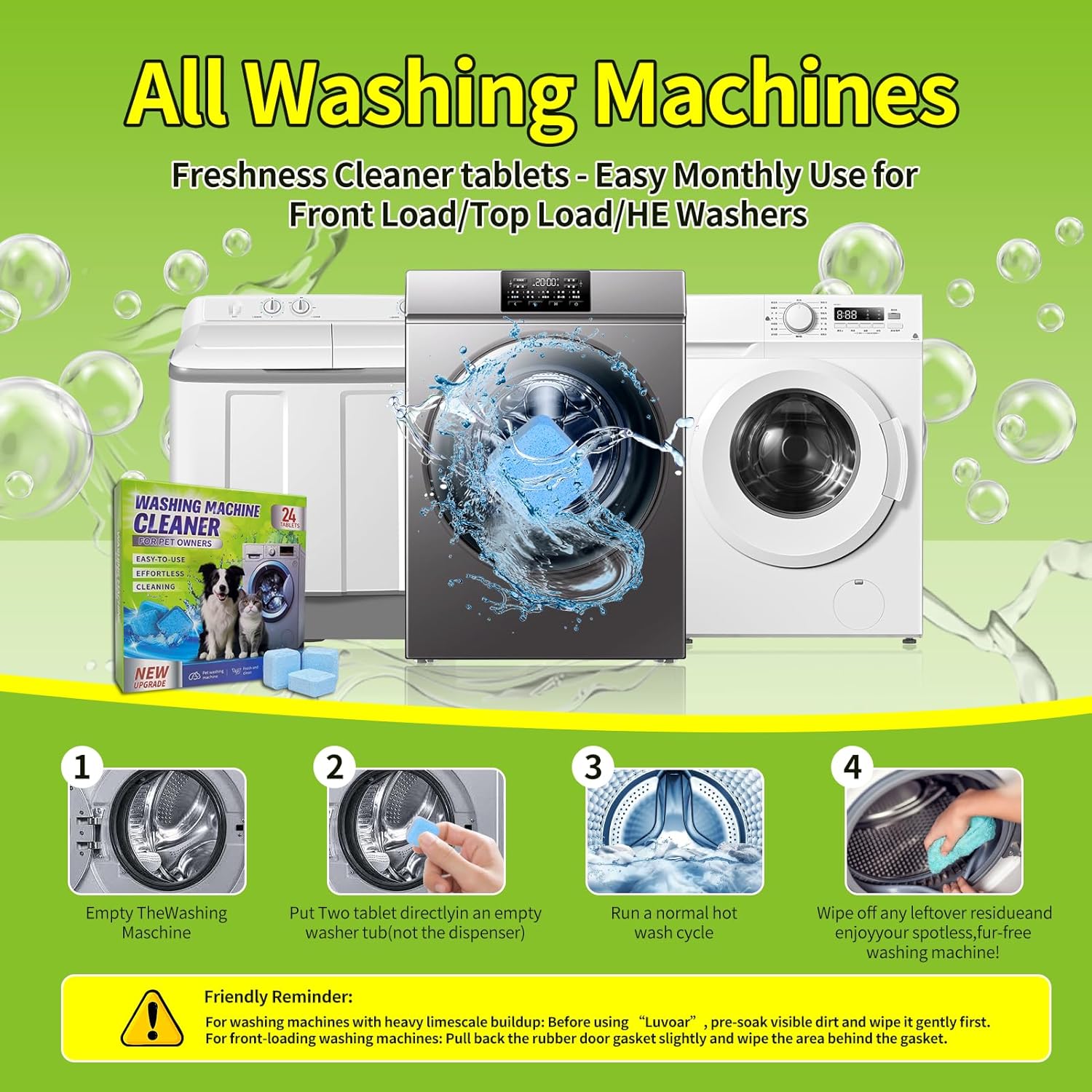 Washing Machine Cleaner Tablets - Deep Cleans & Descaler for Front Load and Top Load Washers, HE Compatible, 24 Pack Formulated for Pet Owners