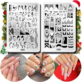 Swirl French Line Nail Stamping Plates French Tip Nail Stamp Plate Geometric Wave Stripes Snake Flower Nail Art Stamper Stencils Printing Template 2pcs Large Stainless Steel Nail Art Tools 14.5×9.5cm