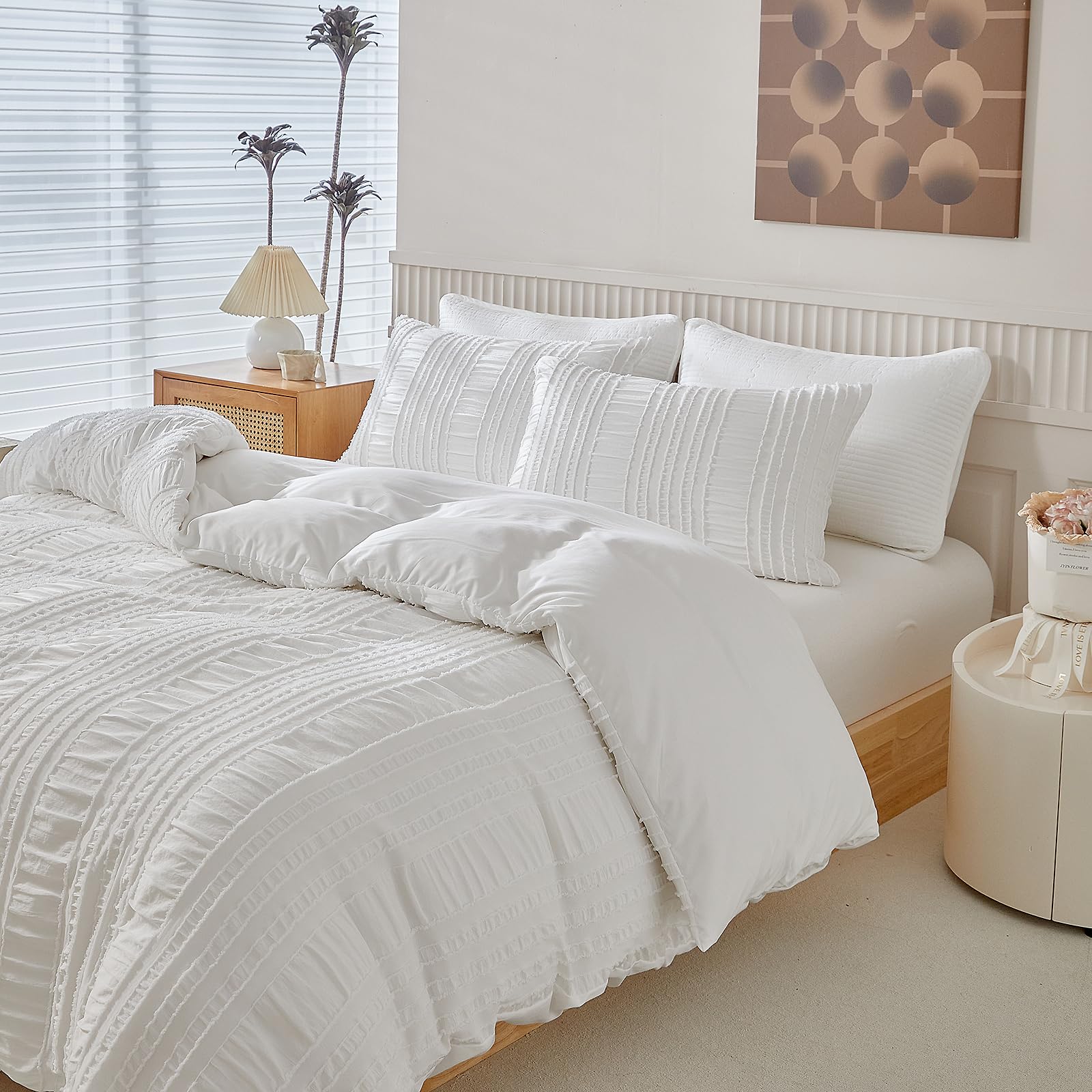 YASMENG Seersucker Bed Linen 200 x 220 cm White Striped Tufted Summer
