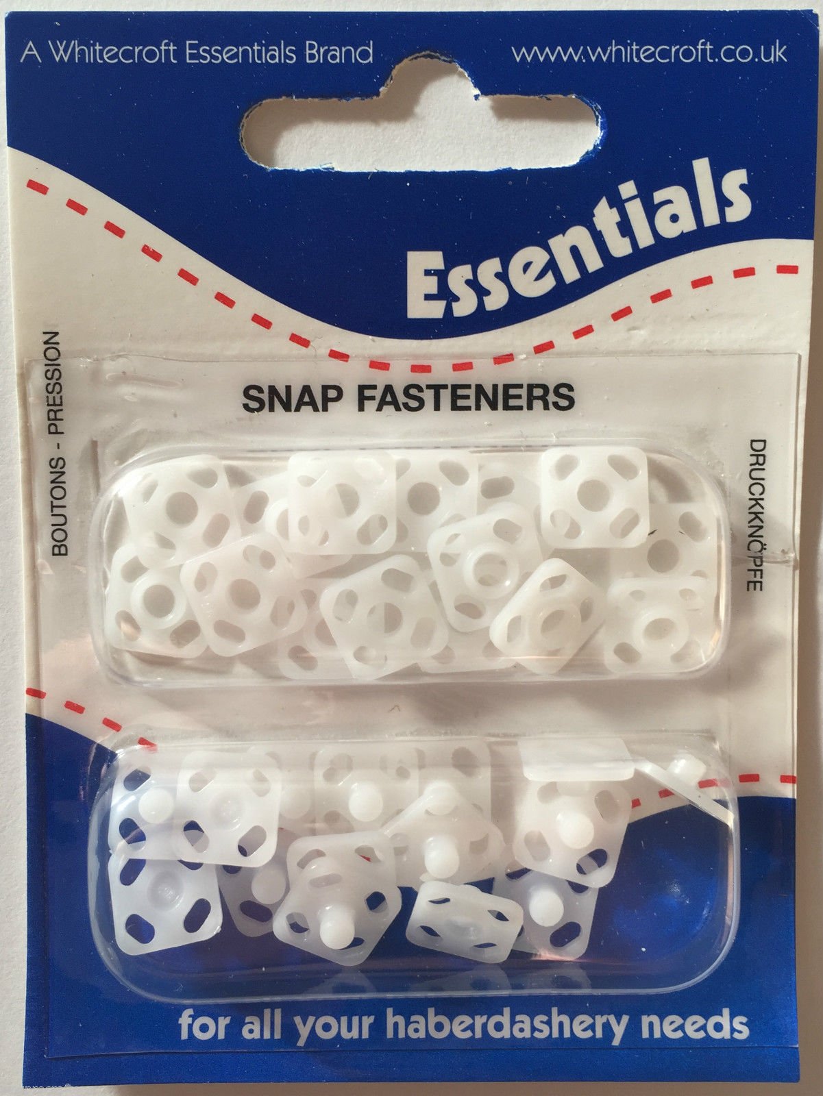 Whitecroft Essentials Square Snap Fasteners - White/Clear - 9mm (15 Snaps)