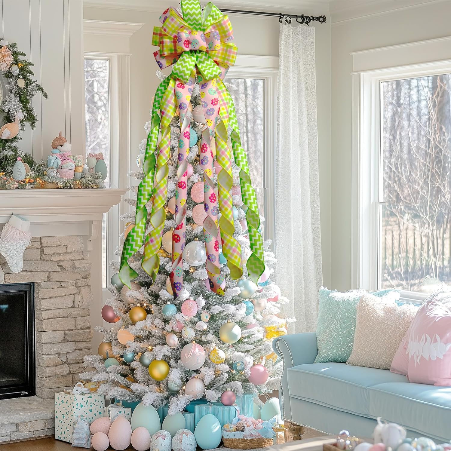 Large Easter Tree Topper Bow 52x13 Inch, Pre-Tied Wired Egg Ribbon Wreath Bows, Easter Ornaments with Long Wired Edge Streamer for Holiday Indoor Outdoor Party Decoration (Green Yellow Pink) - Image 7