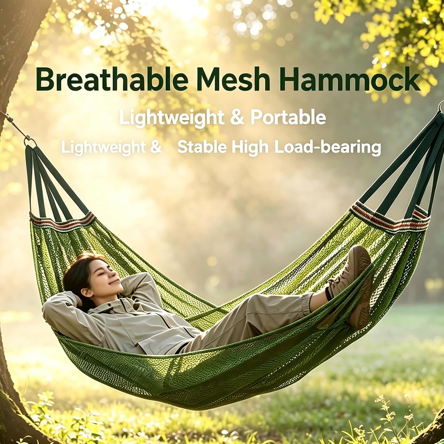 Portable Outdoor Mesh Hammock, Breathable Camping Hammock with Ropes and Carry Bag, Cool Mesh Garden Hammock for Backyard, Patio, Beach, Camping and Travel, Army Green, 260 x 130 cm