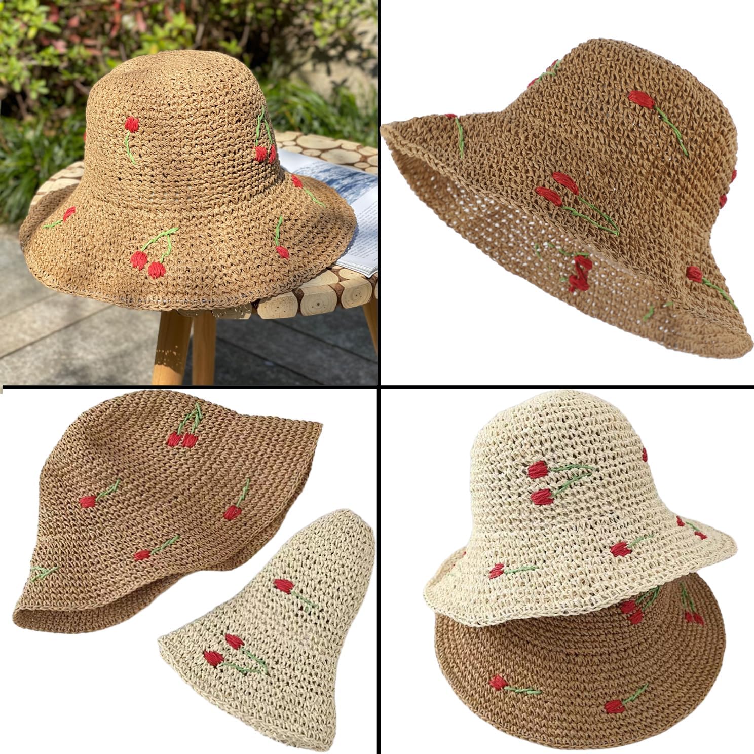 Women Floppy Straw Sun Hat Wide Brim Floral Beach Hat Packable Roll up Bucket Cap UPF 50+ - Image 5