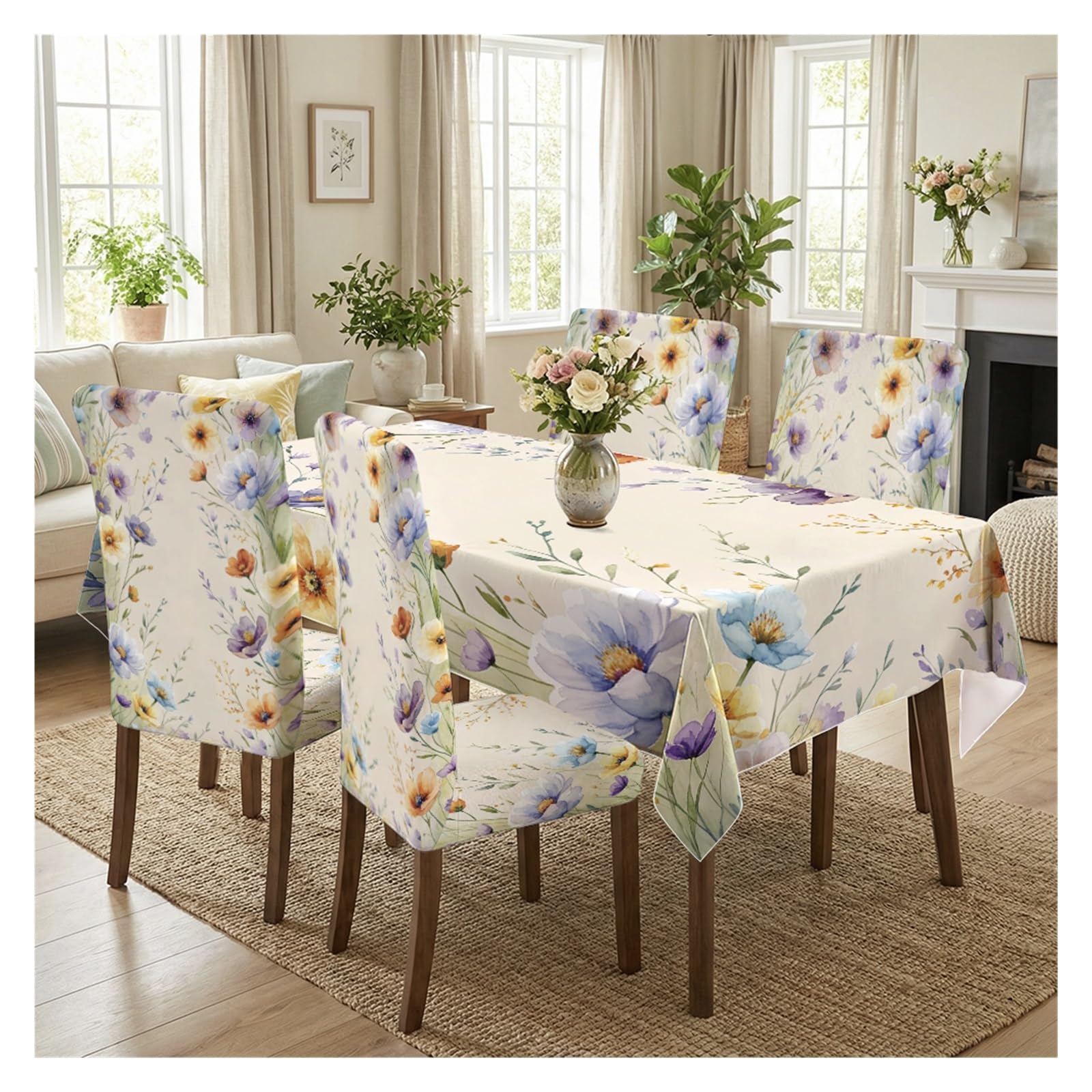 BOSUYBN Watercolor Wildflower Print Dining Tablecloth & Chair Covers Set, 5/7 Pack Stretch Fabric For Dining Room Kitchen Table Setting(5pcs Set: Tablecloth+Chair Covers)