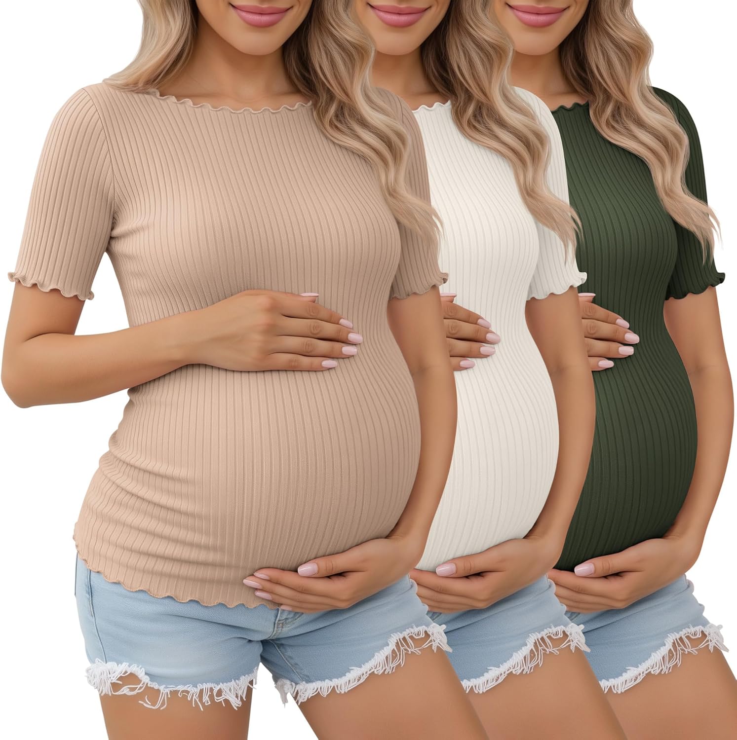 3 Pack Women's Maternity Ribbed Shirts Cotton Short Sleeve Pregnancy Tops Boat Neck Lettuce Trim Mama Clothes