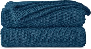 Longhui bedding 100% Cotton Knitted Throw Blanket – Blue, Soft & Cozy, Machine Washable, 51"x63" – Perfect for Living Room, Couch, Sofa, Bed or Travel
